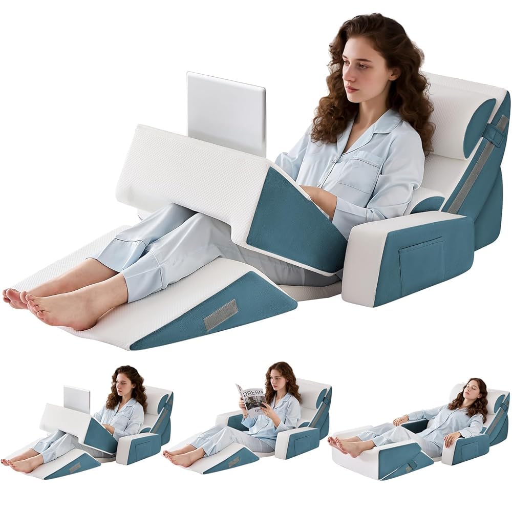 9PCS Orthopädische Bett Keil Kissen Set,Post Chirurgie Schaum Kissen für Körper, Rücken und Beine Schmerzlinderung,Justierbare Stützkissen mit Säure Reflux Bed Wedge Memory Foam Durchgehend dunkelgrau