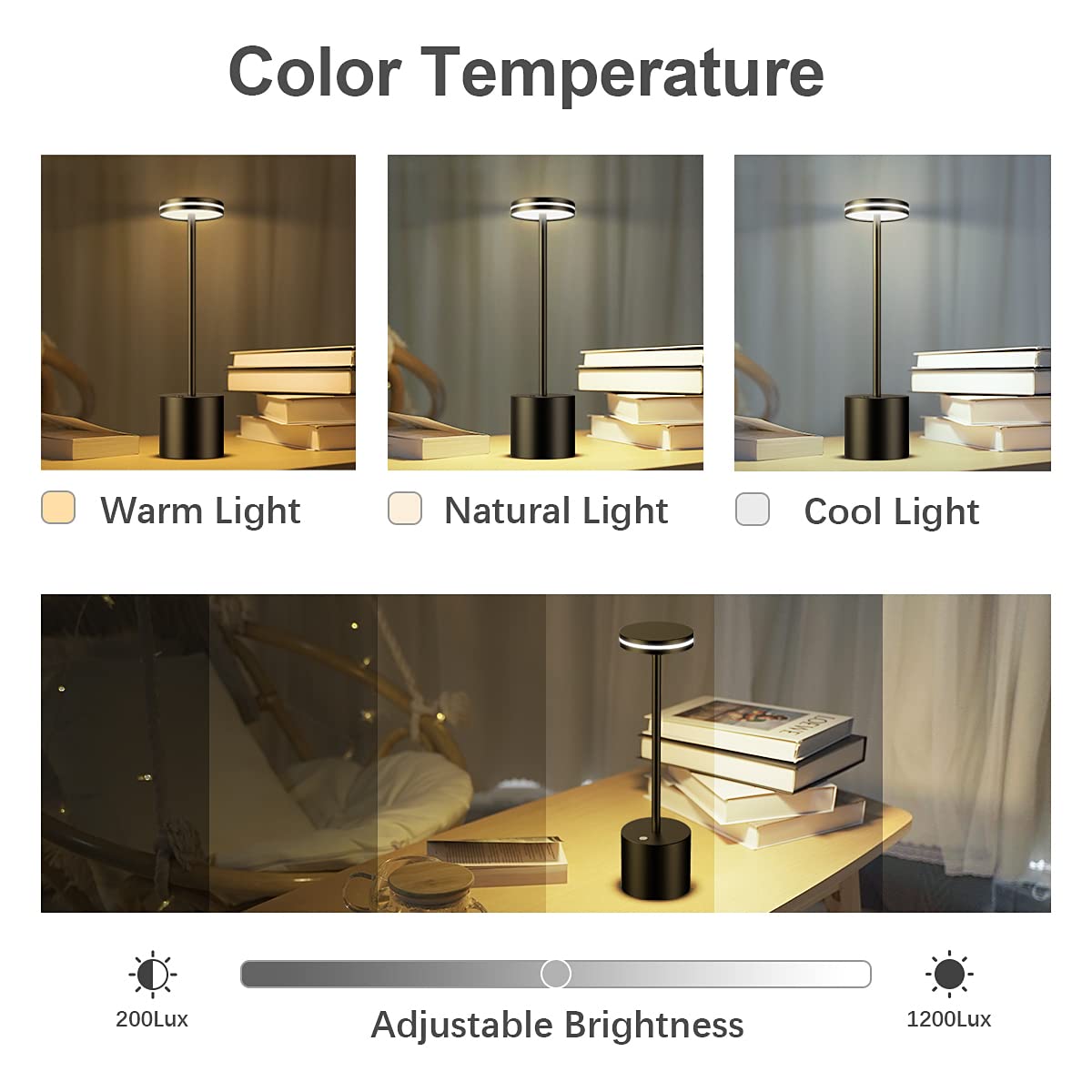 LED Batterie Tischlampen, Wireless, 5000 mAh Modern dimmbar Tischlampe, Aluminium, 3 Farbtemperaturen, Tischlampen Wiederaufladbar für Innen-, Aussen-, Nachttisch, Esstisch, Bar