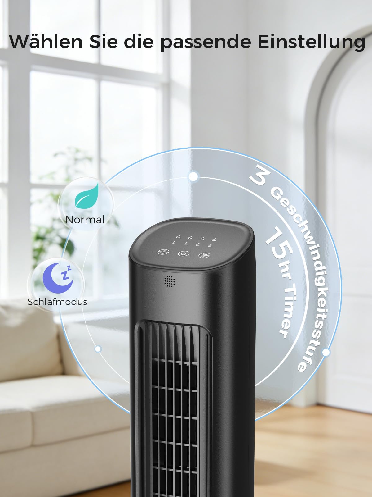 Turmventilator mit Fernbedienung, 85°-Oszillation, leiser Standventilator (28 dB), 3 Geschwindigkeitsstufen, 2 Modi, 12-Stunden-Timer, LED-Anzeige, für Schlafzimmer, Büro und Zuhause