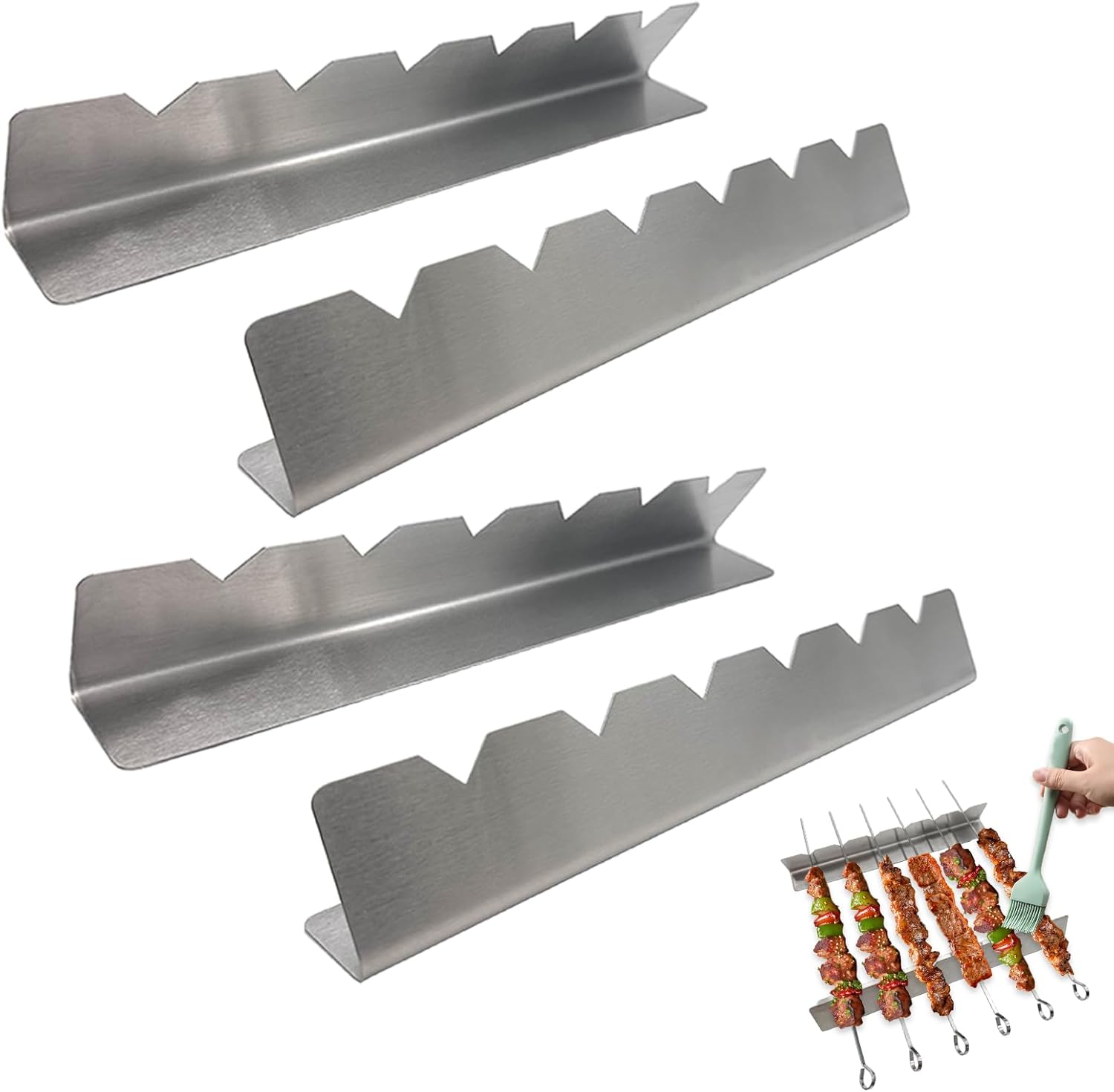 4 Stück Grillspiesse Edelstahl Rack, Schaschlik Aufsatz für Gasgrill Spiesse Grill für 6 Spieße BBQ Grill Zubehör für im Freien beim Camping Wandern oder Picknick