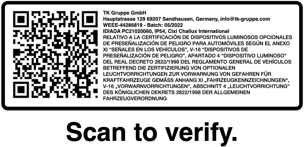 Warnleuchte V16 Notlicht 2026 IDIADA Zulassung Nr. PC21020060 - Warndreieck - Pannendreieck - EU Zulassung - für Auto & Motorrad