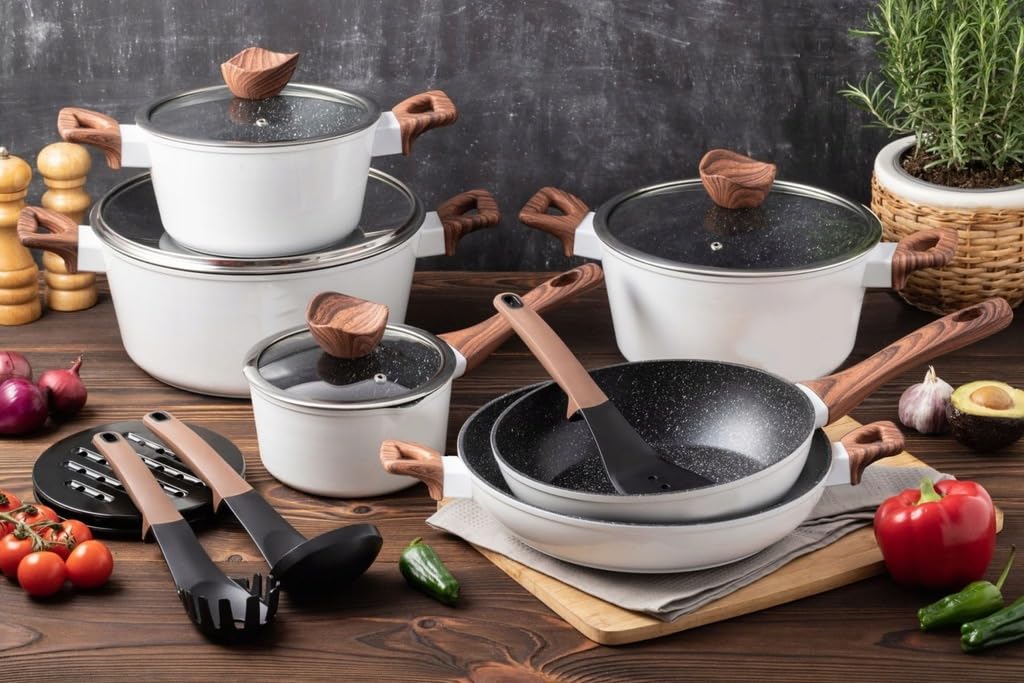 Ensemble de casseroles et poêles - Batterie de cuisine 21 pièces - revêtement en marbre - avec couvercles en verre / Vente de liquidation - NEUF ET SCELLÉ !