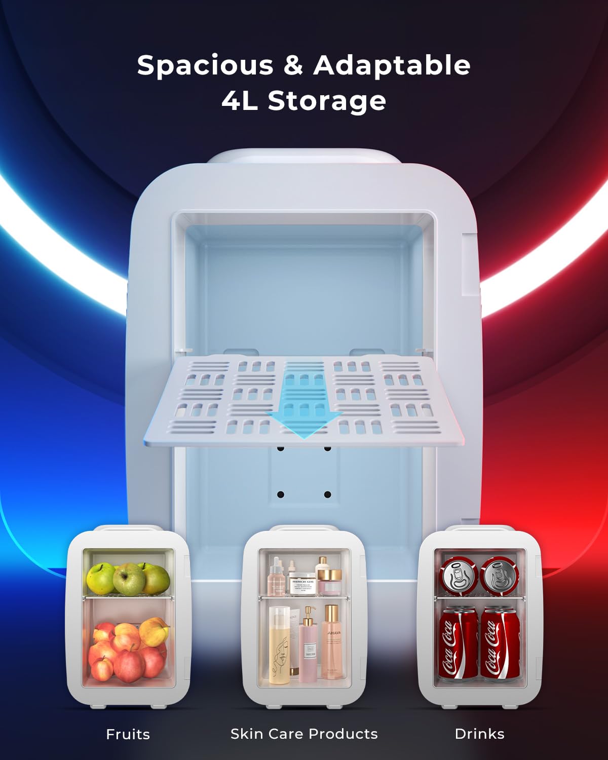 Mini Kühlschrank, 4L / 6 Dosen Leise Minikühlschrank, 7 RGB Lichtmodi, 2in1 Kühl- und Warmhaltefunktion für Getränke & Skincare, AC 220V / DC 12V, Mini Fridge für Gaming, Büro, Auto (Schwarz)