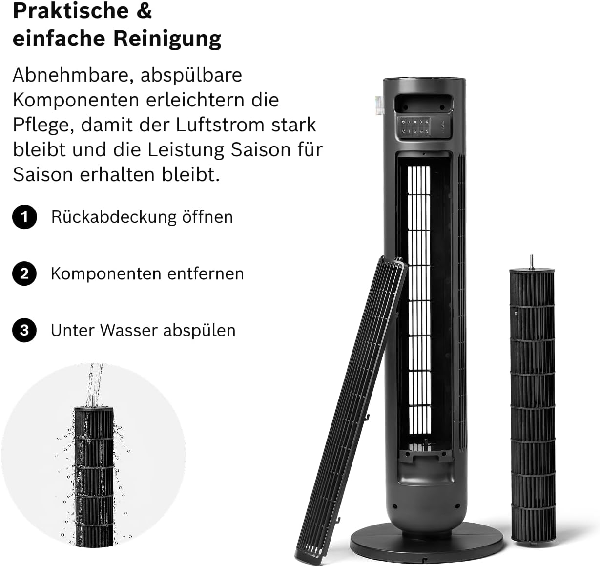 Bosch Tower Fan , Leiser Turmventilator, Midnight Grey | Mit Fernbedienung, 8 Geschwindigkeitsstufen, 90° Oszillation, Nachtmodus & 8-Stunden-Timer, 19 dB(A)