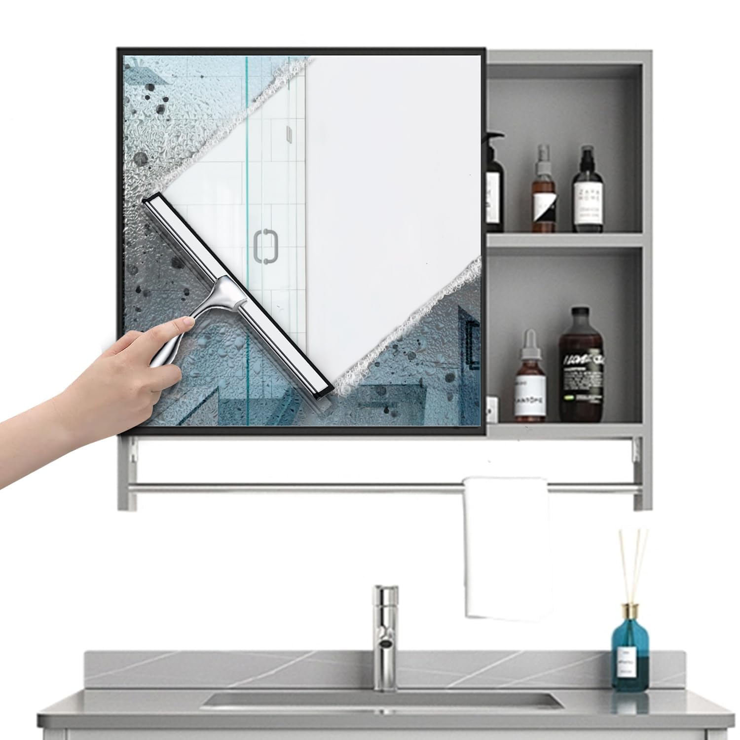 Edelstahl Duschabzieher Mit Selbstklebe Haken, Silber Abzieher Dusche Wischer für Badezimmer, Kurzer Handgriff Glaswischer, Glas Wasserschieber, Duschwand Abzieher, Badwischer