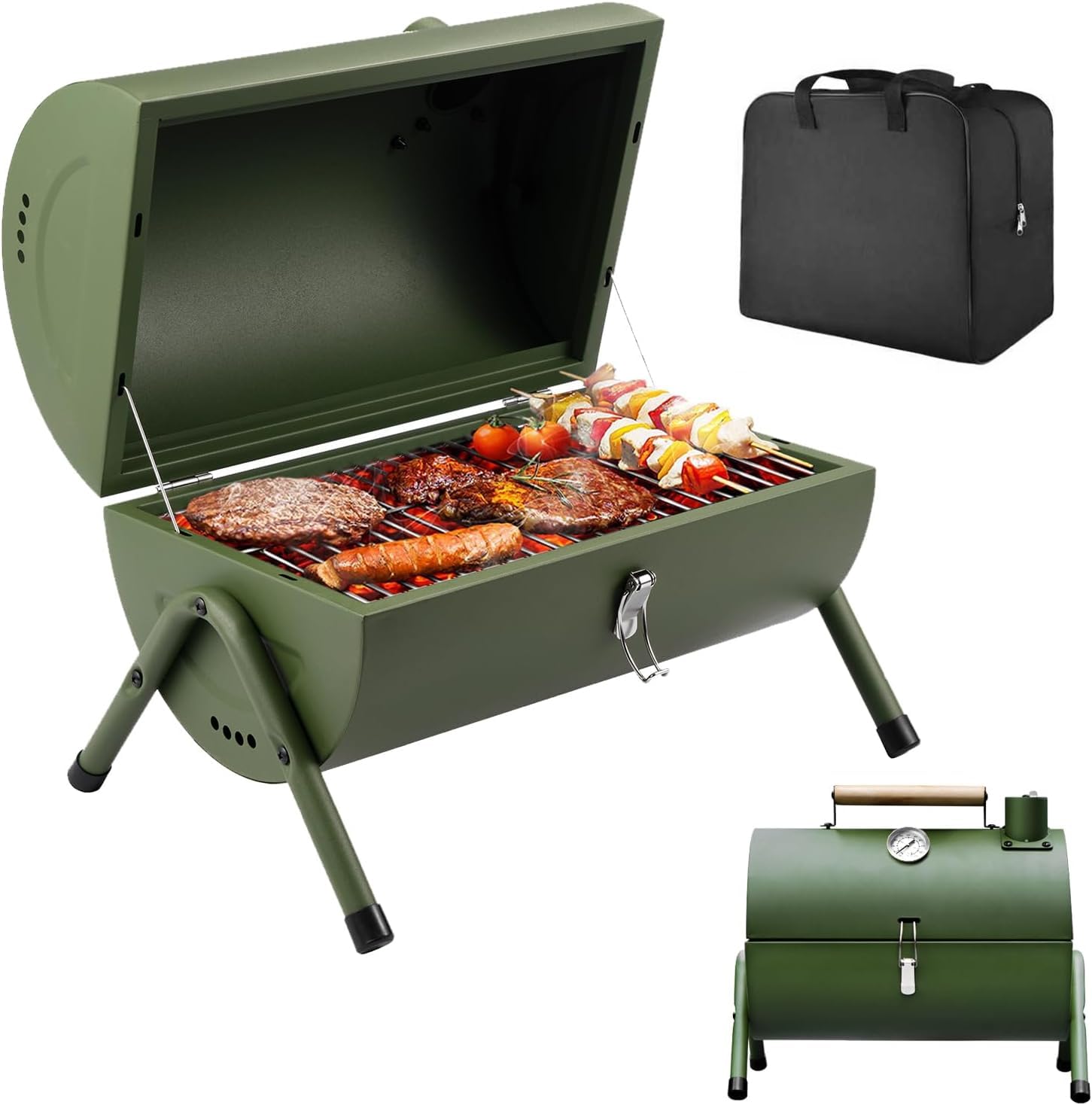 Holzkohlegrill Klein Campinggrill Kleiner Grill Camping Grill Holzkohle Mini Tragbarer Klappgrill Holzkohle für Outdoor Kochen, Picknick, Ideal für Strand, Wohnwagen, Garten, Party Barrel Schwarz