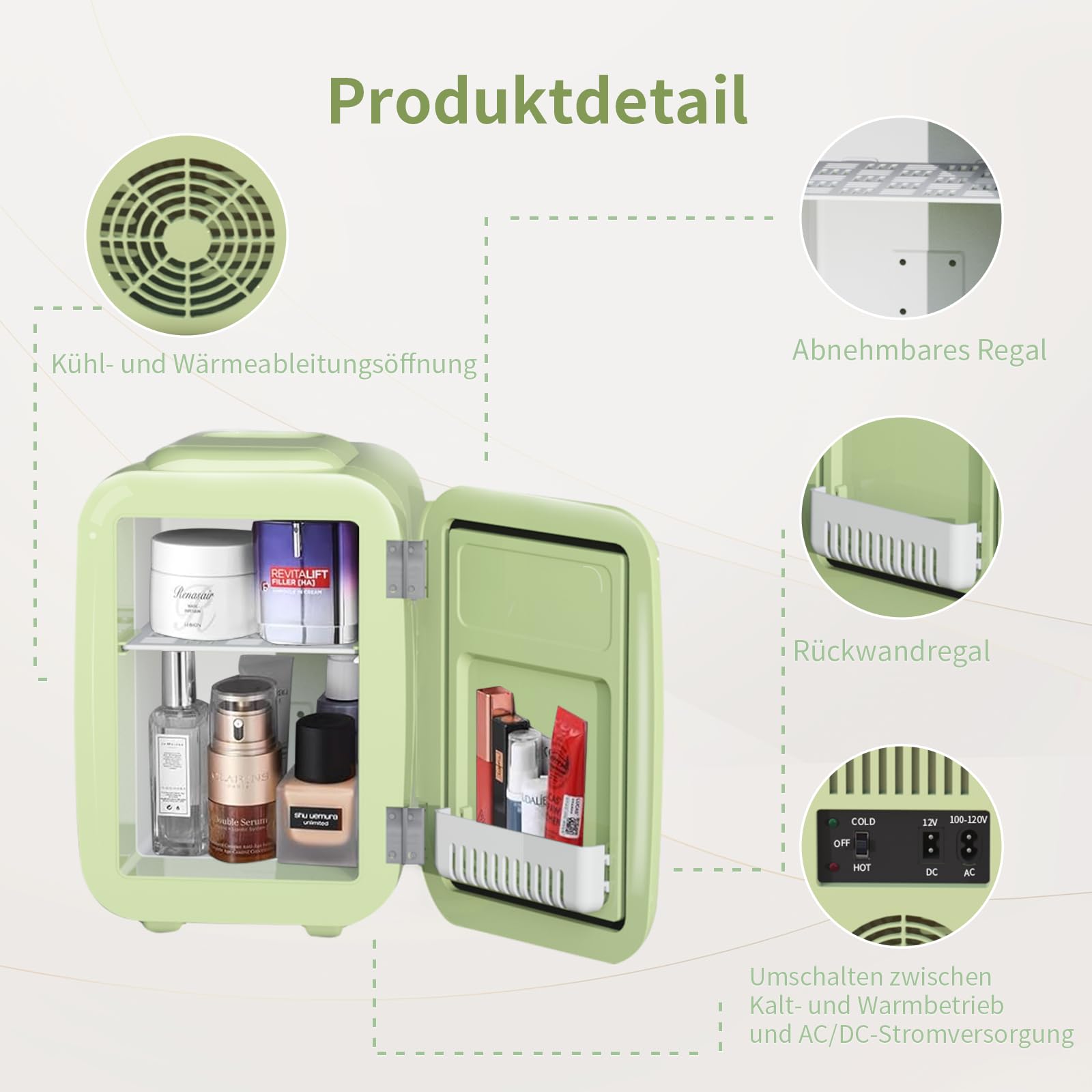 Mini Kühlschrank, 4 Liter Mini-Kühlschränke für Kosmetik, Getränke, 220V AC/ 12V DC Thermoelektrische Kühlung und Erwärmung, Kleiner Kühlschrank für Schlafzimmer, Büro, Wohnheim, Auto