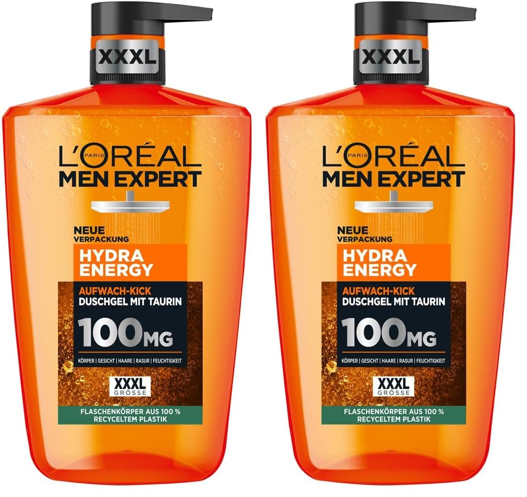 L'Oréal Men Expert 1L Duschgel und Shampoo für Männer, 3-in-1 Duschbad zur Reinigung von Körper, Haar und Gesicht, Herren Körperpflege für langanhaltende Frische mit Taurin, Hydra Energy, 1x1000 ml