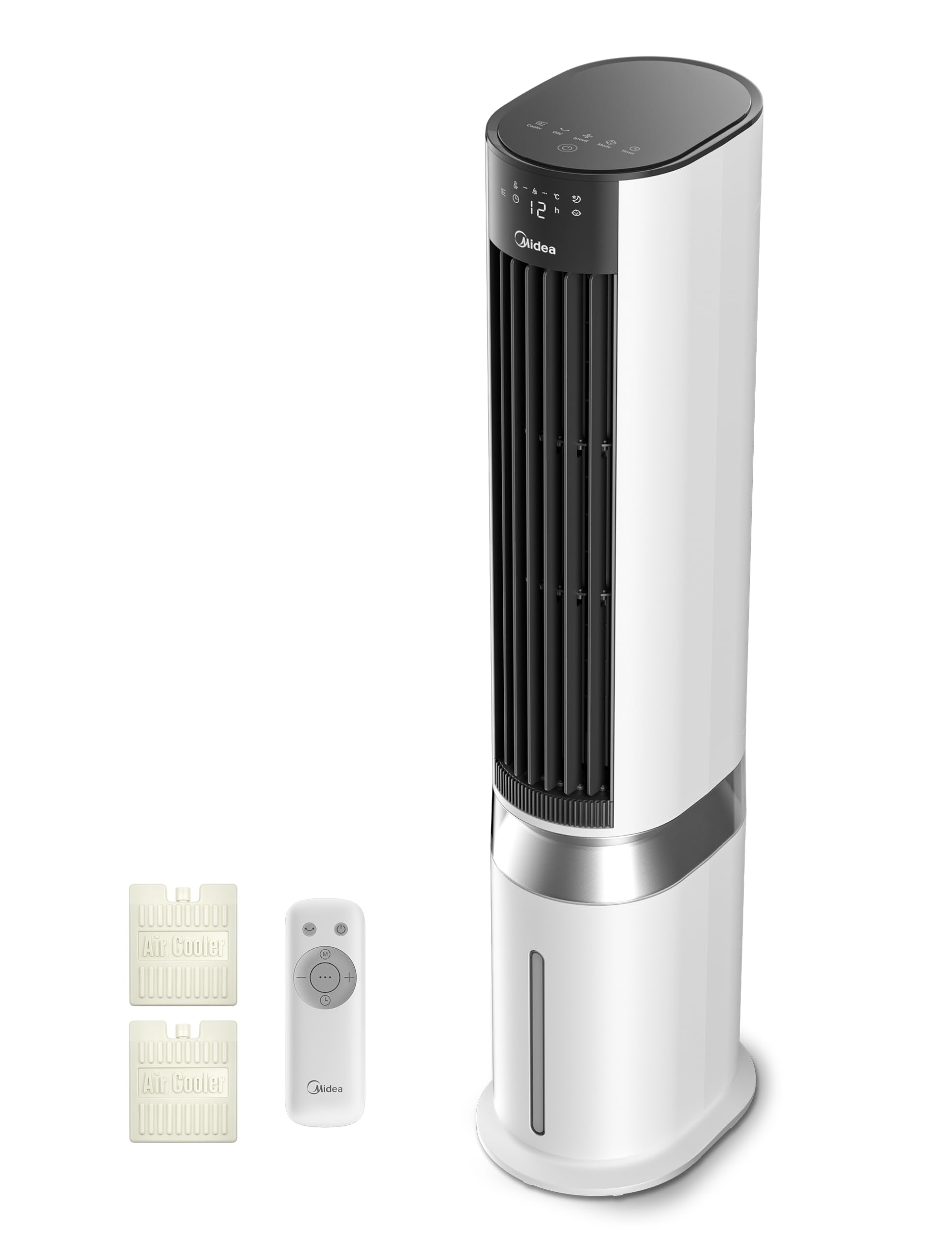 4-in-1 Mobile Klimaanlage Leiser:Luftkühler,Turmgebläse,Luftbefeuchter und Luftreiniger,mit Fernbedienung,5L Wassertank,355m³/h Luftdurchsatz,55W,LED-Display,Timer,Weiß