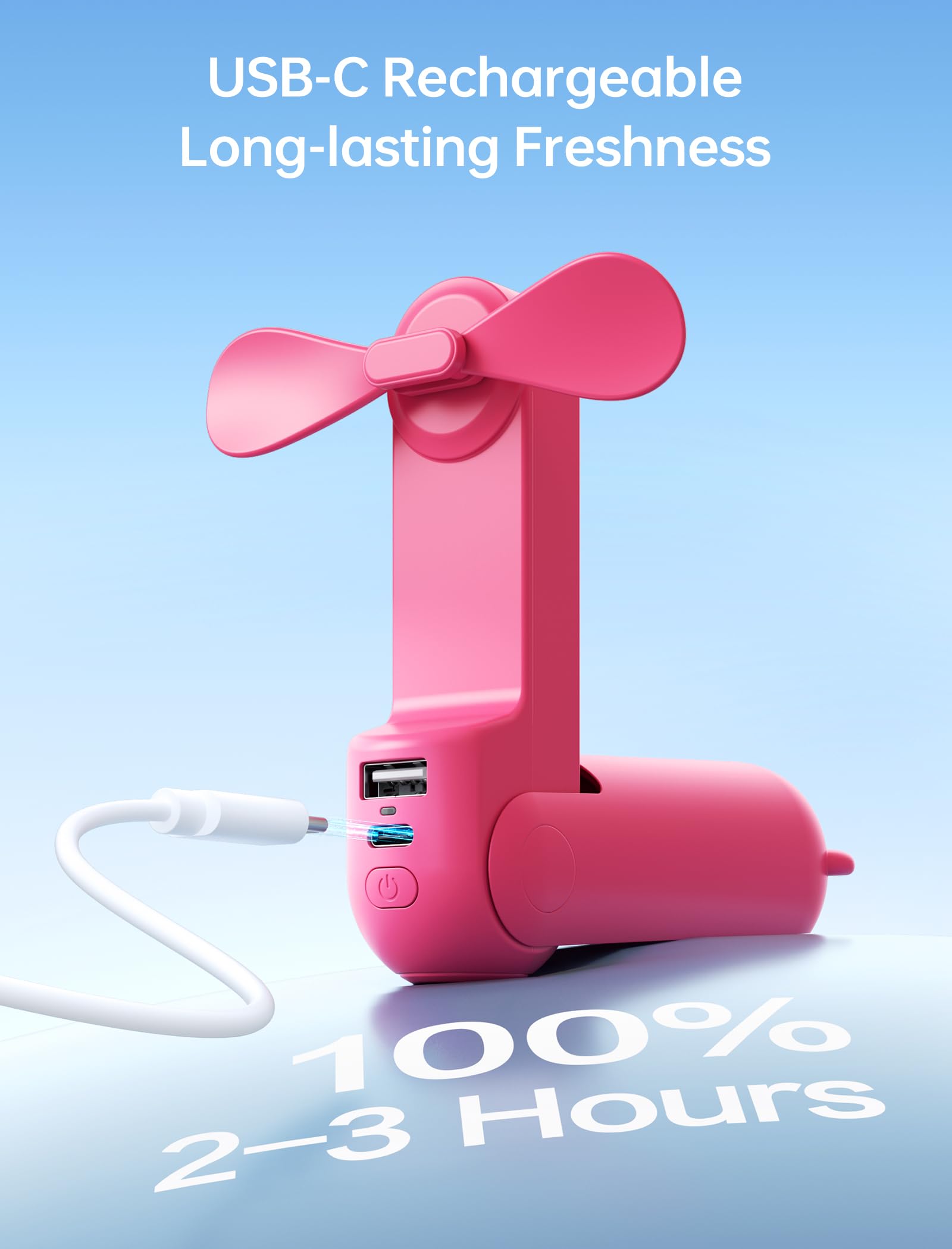 Mini Handventilator, 3-in-1 Handventilator, wiederaufladbarer USB /12–19 Betriebsstunden - mit Powerbank, Taschenlampe, tragbarer Ventilator für Reisen/Sommer, Geschenke für Frauen-Rosa