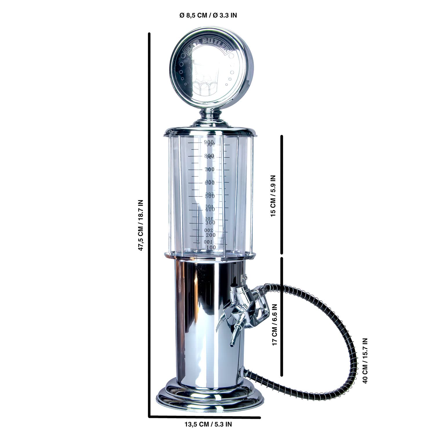 Retro Getränkespender im verchromten Nostalgie Design | Bar-Butler Zapfsäule mit Zapf-Schlauch für Party Getränke Dispenser Biertower Bierspender Zapfanlage Biersäule Schanksäule | Party Gadgets