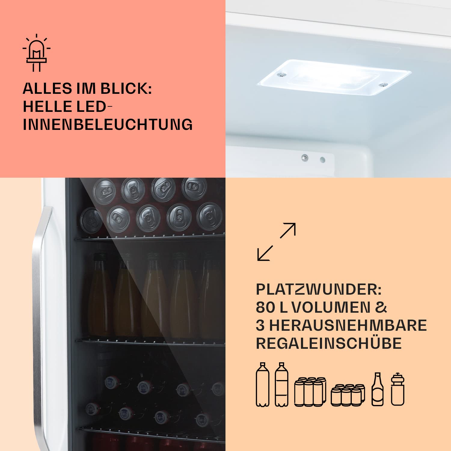Beersafe Getränkekühlschrank 60 L – Mini Kühlschrank mit Glastür, Kupfer | LED-Beleuchtung, herausnehmbare Metallablagen, leise, Flaschenkühlschrank für Getränke & Dosen