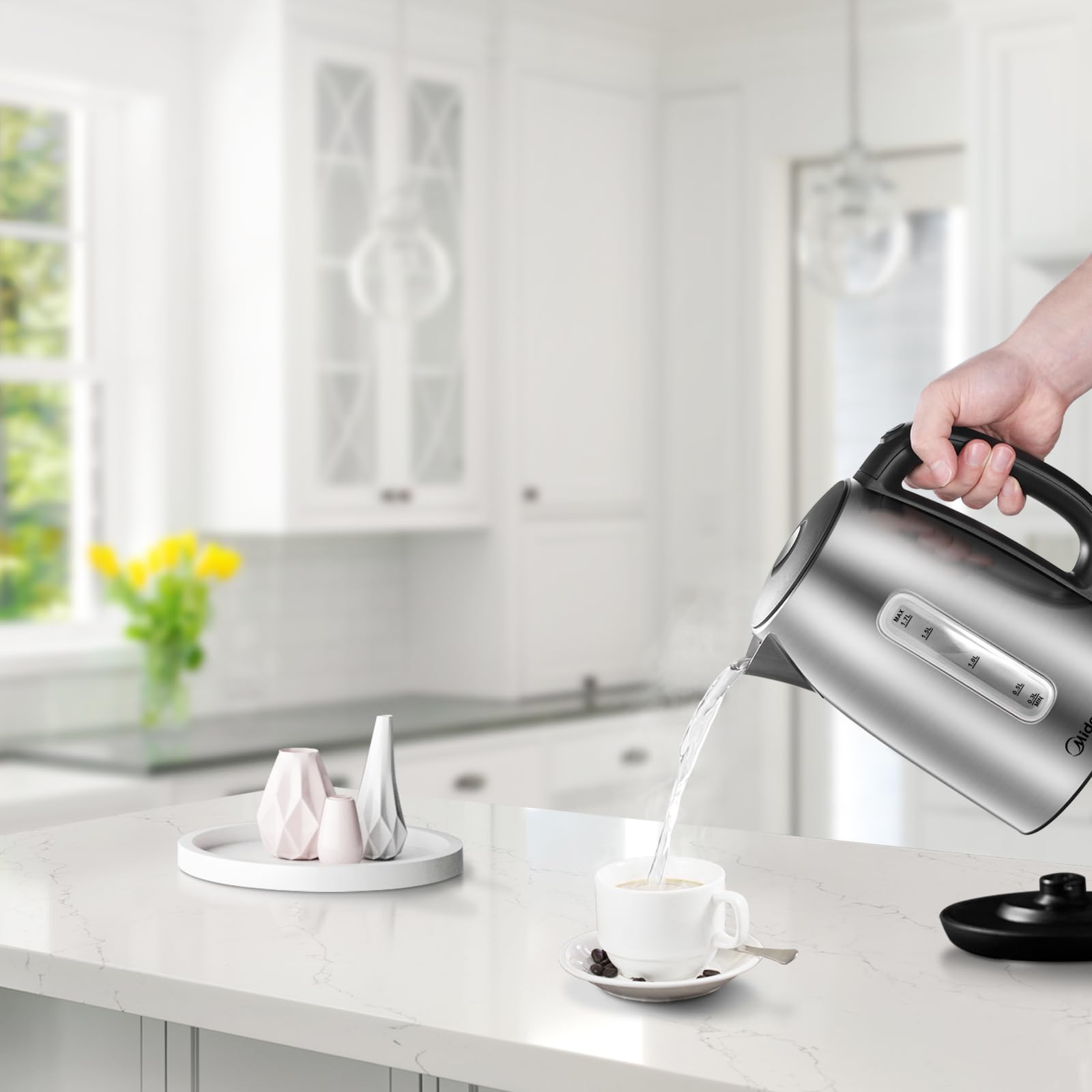 Edelstahl-Kessel mit Temperatureinstellung, 45°C - 100°C, 1,5 Liter, 2200 W Wasserkocher weiß, Teebereiter mit Temperaturanzeige und Sicherheitsfunktionen, BPA-frei, Doppelwanddesign