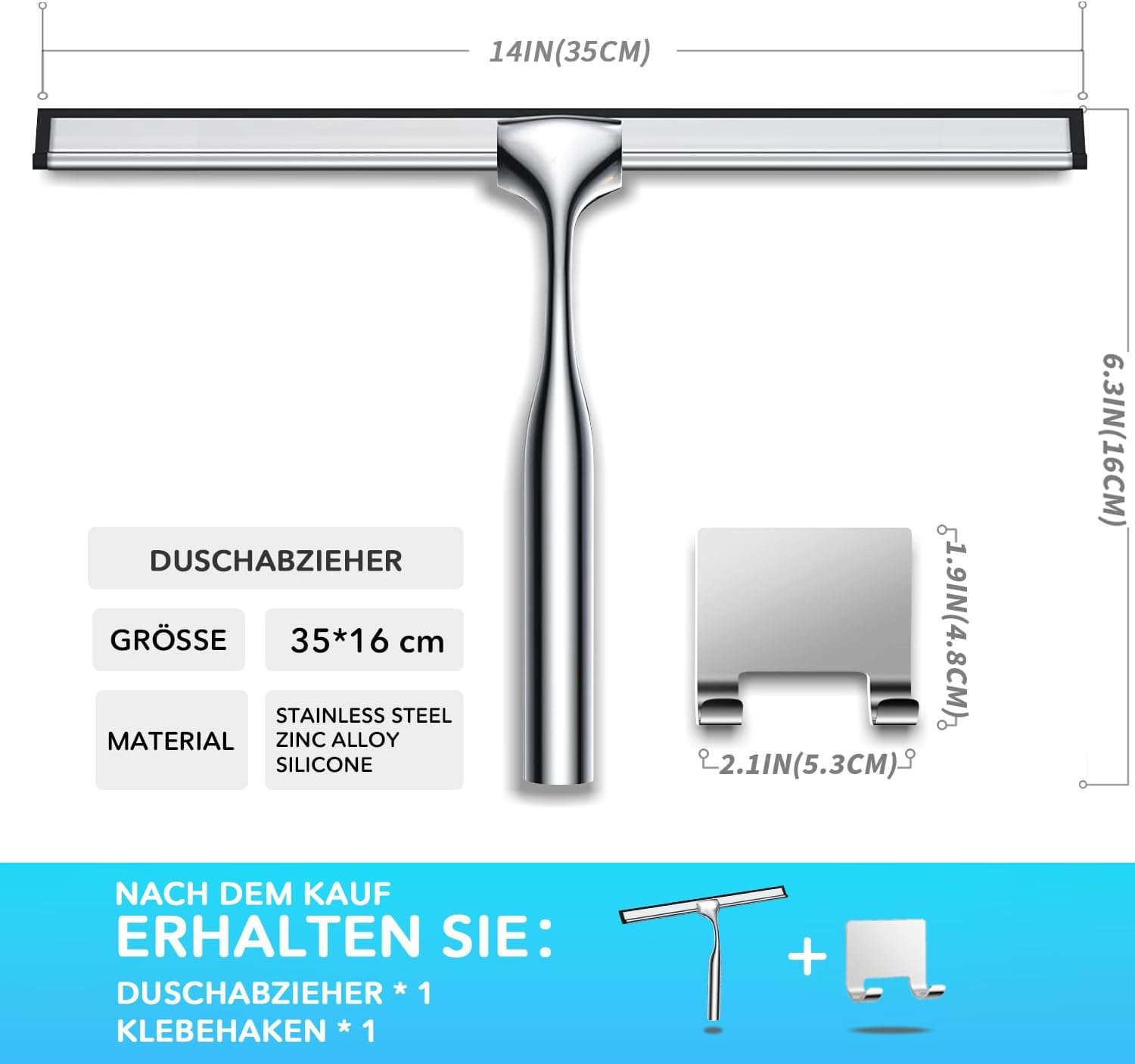 Edelstahl Duschabzieher Mit Selbstklebe Haken, Silber Abzieher Dusche Wischer für Badezimmer, Kurzer Handgriff Glaswischer, Glas Wasserschieber, Duschwand Abzieher, Badwischer