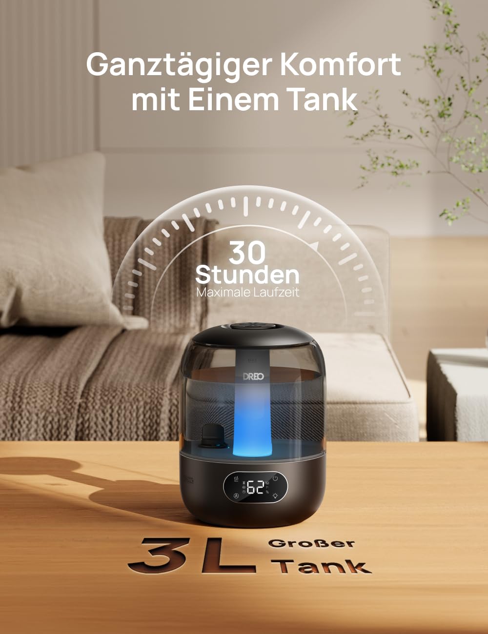 Luftbefeuchter für das Schlafzimmer, Kaltnebel-Ultraschallgerät mit 30 Stunden Laufzeit, 3L Top-Fill-Tank, Feuchtigkeitssensor, Nachtlicht für Babys, Kinderzimmer, für Pflanzen und Zuhause