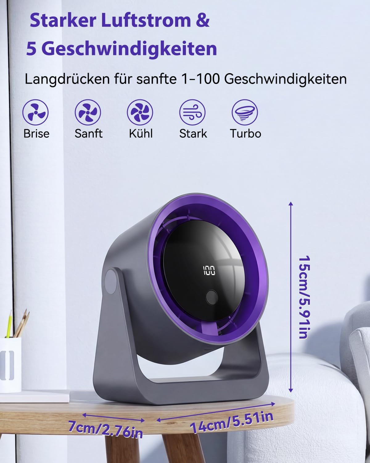 Leiser Turbo Tischventilator mit Digitalem LED-Display, 100-stufig einstellbar & 360° neigbar - 3600mAh USB-wiederaufladbar - Ideal für Büro, Schlafzimmer, Zuhause & Outdoor