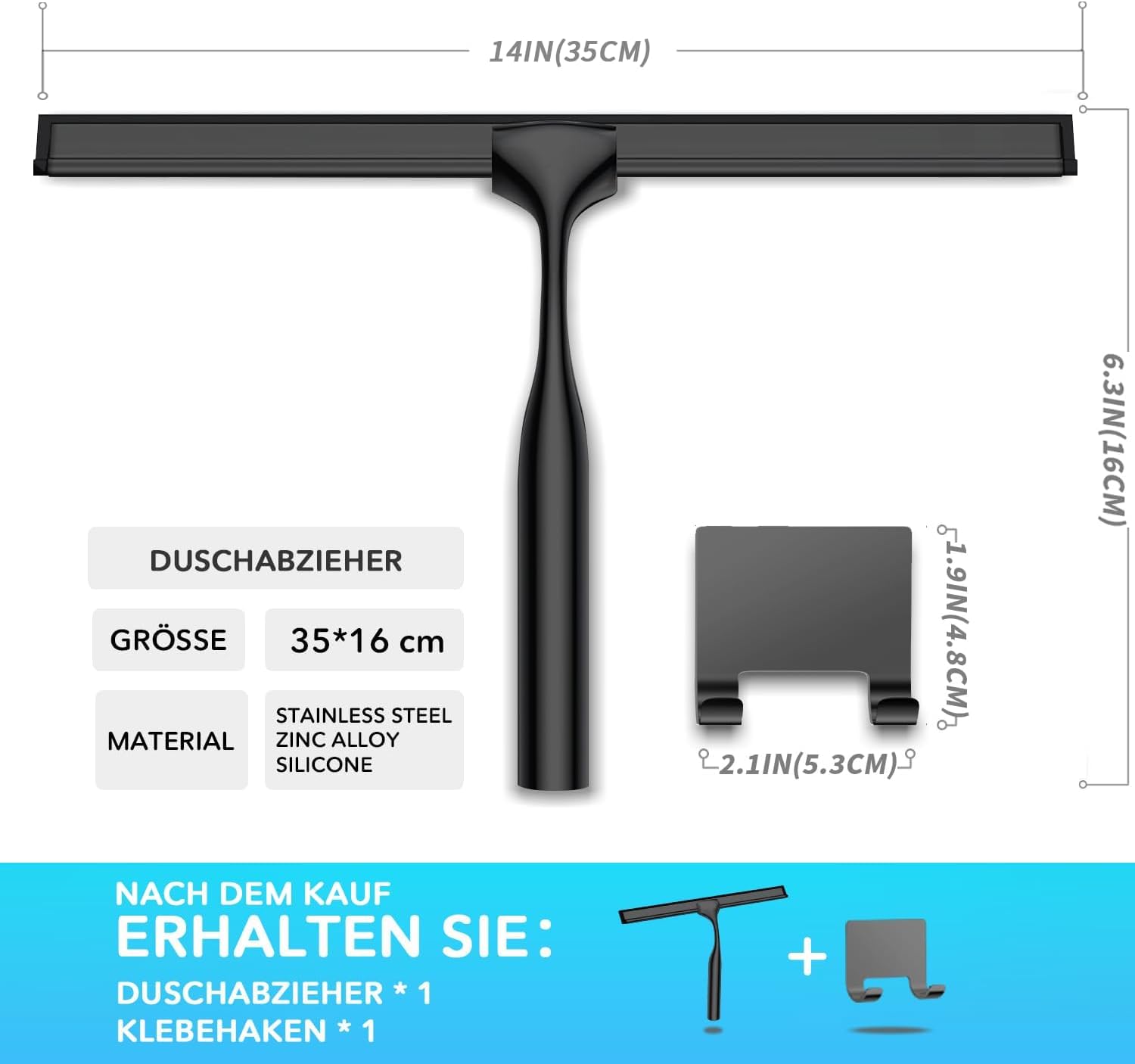 Edelstahl Duschabzieher Mit Selbstklebe Haken, Silber Abzieher Dusche Wischer für Badezimmer, Kurzer Handgriff Glaswischer, Glas Wasserschieber, Duschwand Abzieher, Badwischer