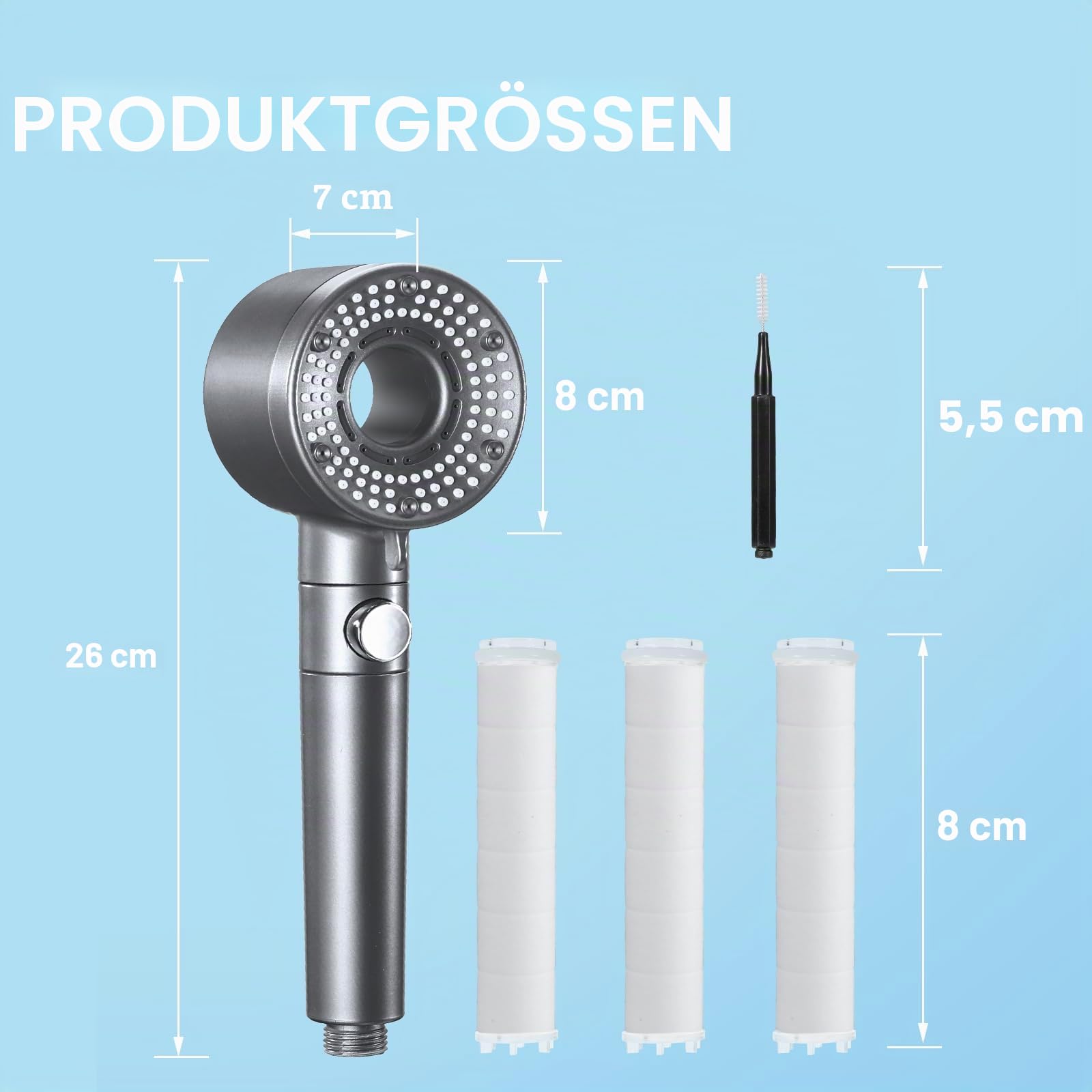 Duschkopf mit Schlauch 1,5 m, 5 Strahlarten und 3 Filtern