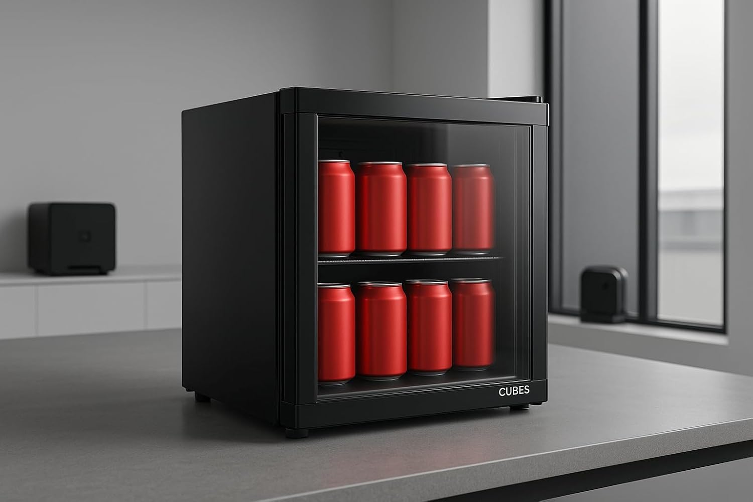 Mini-Kühlschrank, Schwarz, 48 L, Ruhig und Energieeffizient, Kompakt-Getränkekühlschrank mit Glastür, Perfekt für Büro, Gaming & Camping, Kleiner Kühlschrank Mini Kühlschrank