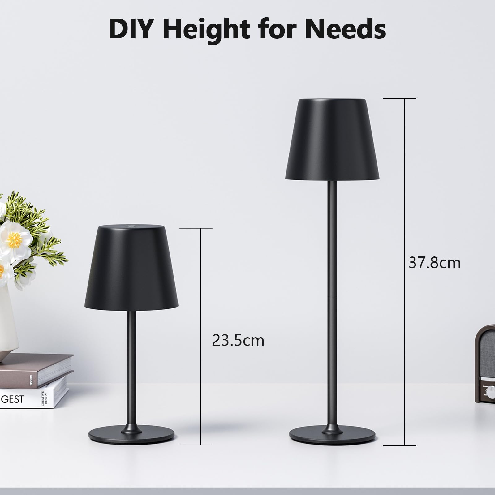 LED Tischlampe Wireless Dimmbare Nachttischlampe Touch, Batterie Tischlampe Wireless, Indoor Aussentischlampe Batterie, 3-Level Warmes Licht, IP54 Wasserdicht, Vollmetallgehäuse