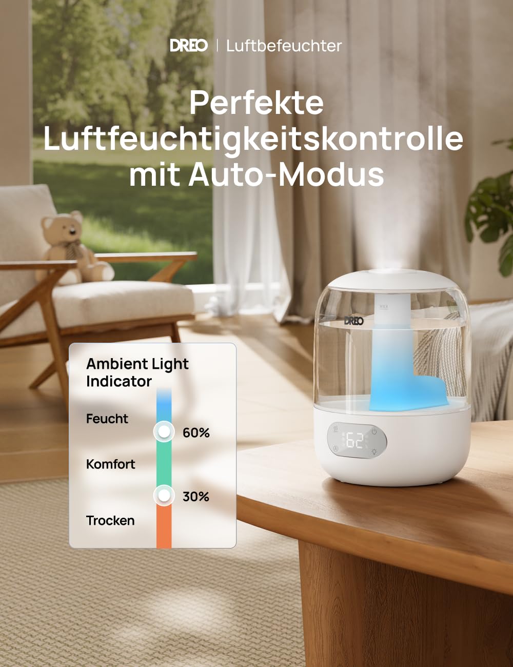 Luftbefeuchter für das Schlafzimmer, Kaltnebel-Ultraschallgerät mit 30 Stunden Laufzeit, 3L Top-Fill-Tank, Feuchtigkeitssensor, Nachtlicht für Babys, Kinderzimmer, für Pflanzen und Zuhause