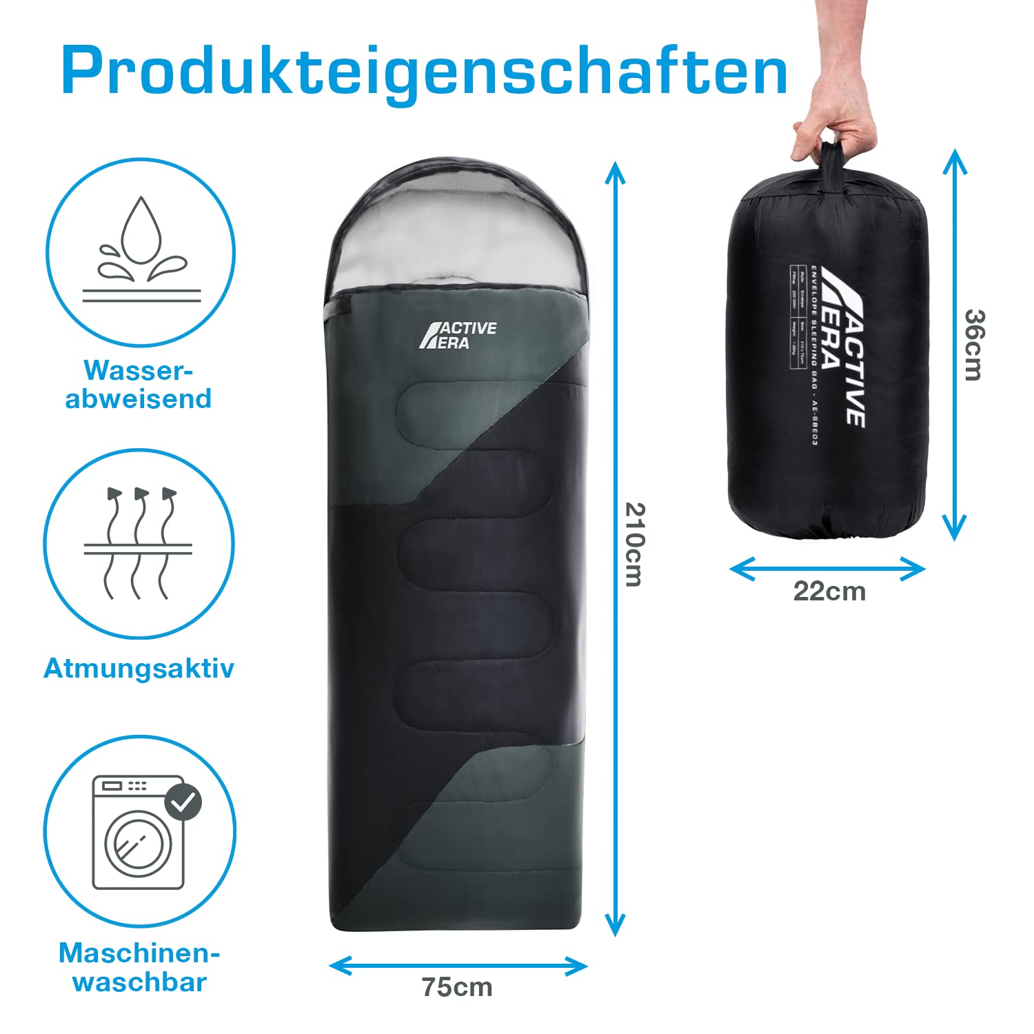 Active Era Premium Mumienschlafsack 250 GSM, Schlafsack Winter & Sommer, 0°C bis 15°C, Indoor und Outdoor Camping, Festivals, Sleeping Bag Wasserabweisend, Ultraleicht, Kleines Packmass