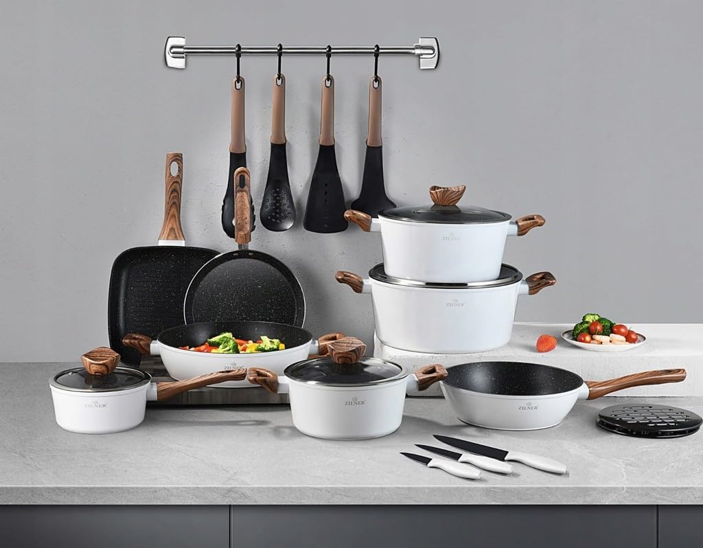 Ensemble de casseroles et poêles - Batterie de cuisine 21 pièces - revêtement en marbre - avec couvercles en verre / Vente de liquidation - NEUF ET SCELLÉ !
