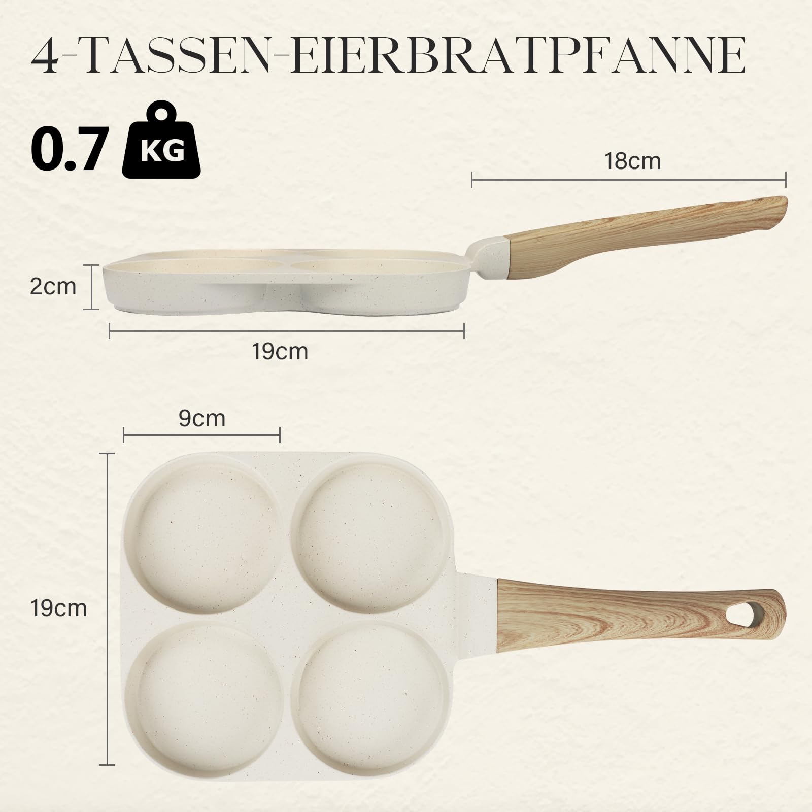 Spiegeleipfanne, 3-Loch Omlettenpfanne, Granit-Antihaftbeschichtung, PFOS/PFOA-Frei Eierpfanne für Gebratenes Frühstück/Eier/Wurst/Speck, Weiß
