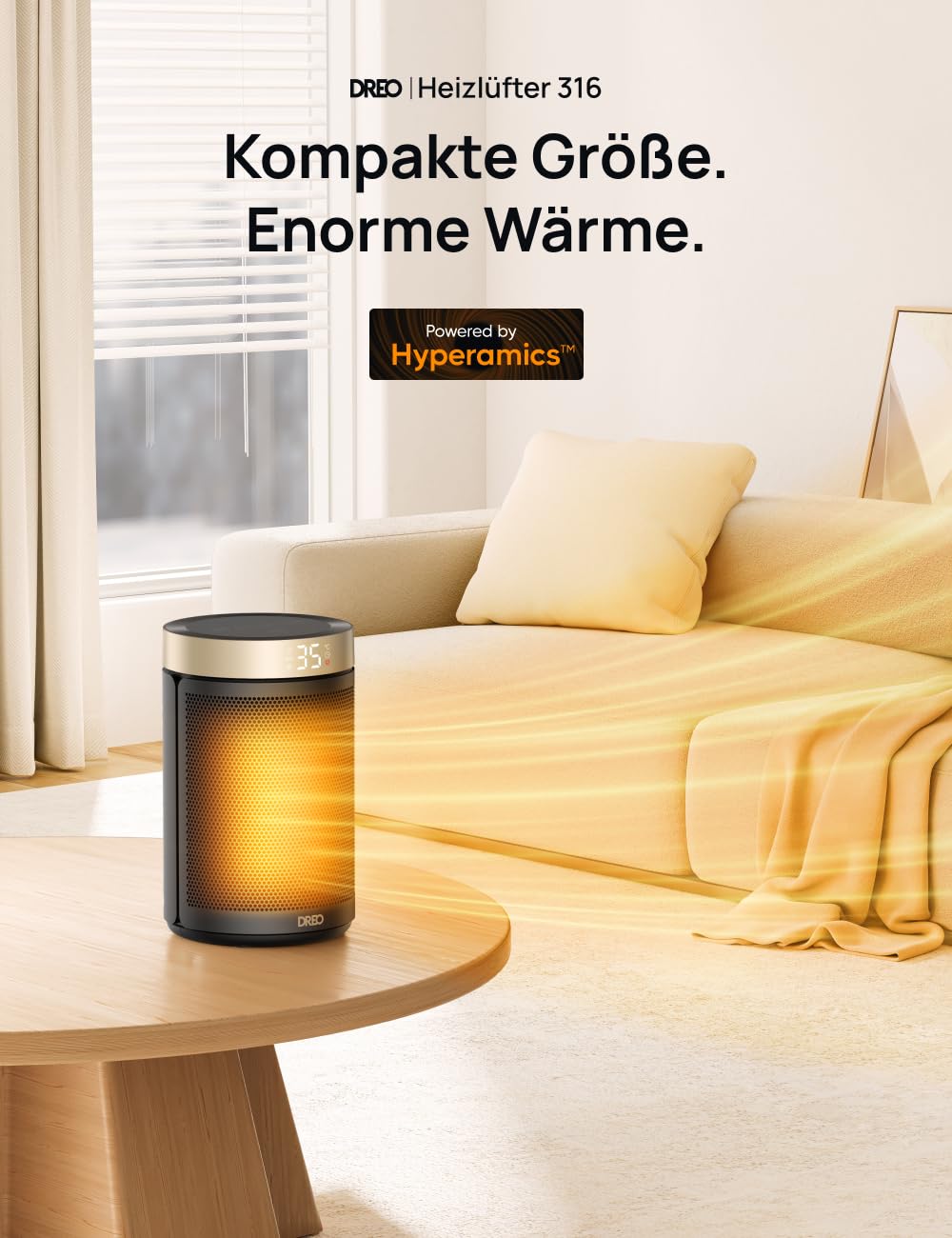 Energiesparender Heizlüfter, 34 dB Leiser 1500W Elektrischer PTC Keramik, Thermostat, Überhitzungs- & Kippschutz, 12 Std. Timer, Elektroheizung für Räume Schlafzimmer, Heater 316, Gold