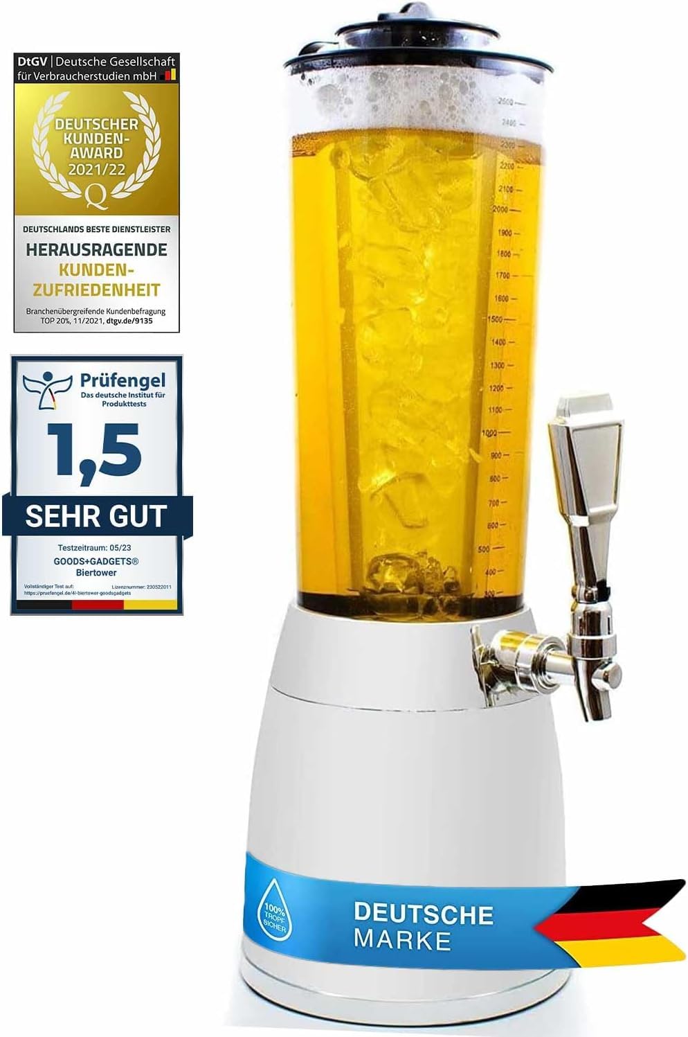 4,0L Biersäule Zapfsäule Kult Biertower Trinksäule Getränkespender Getränkesäule mit 1,3L Eiskühlung (Schwarz)