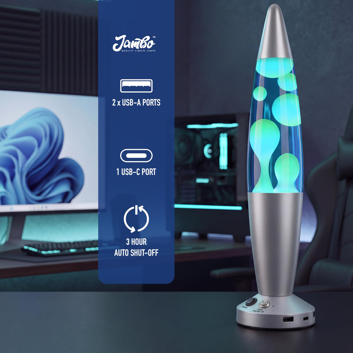 Jambo Liquid-Motion-Lampe mit schwarzem Sockel (Black Base, Purple Liquid, White Wax, 16")