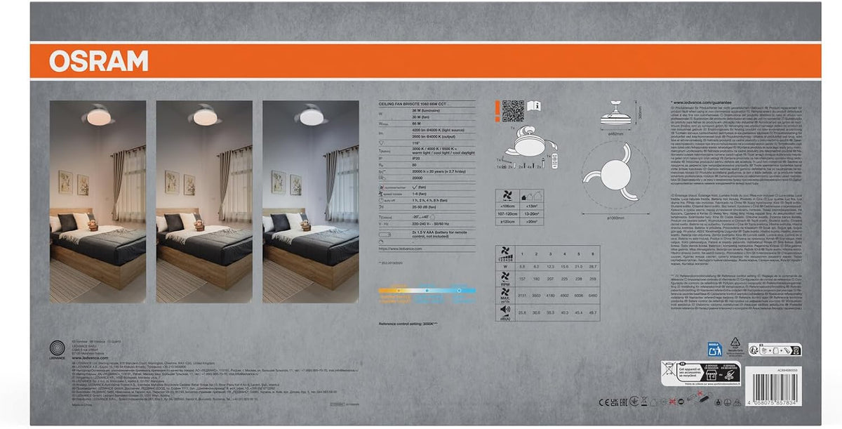 Osram LED-Deckenventilator Weiß, leise, Fernbedienung | Ceiling fan Sudestada, Ceiling Fans with Lighting, Weiß, 450 mm dia, 50000 h, 1-Pack