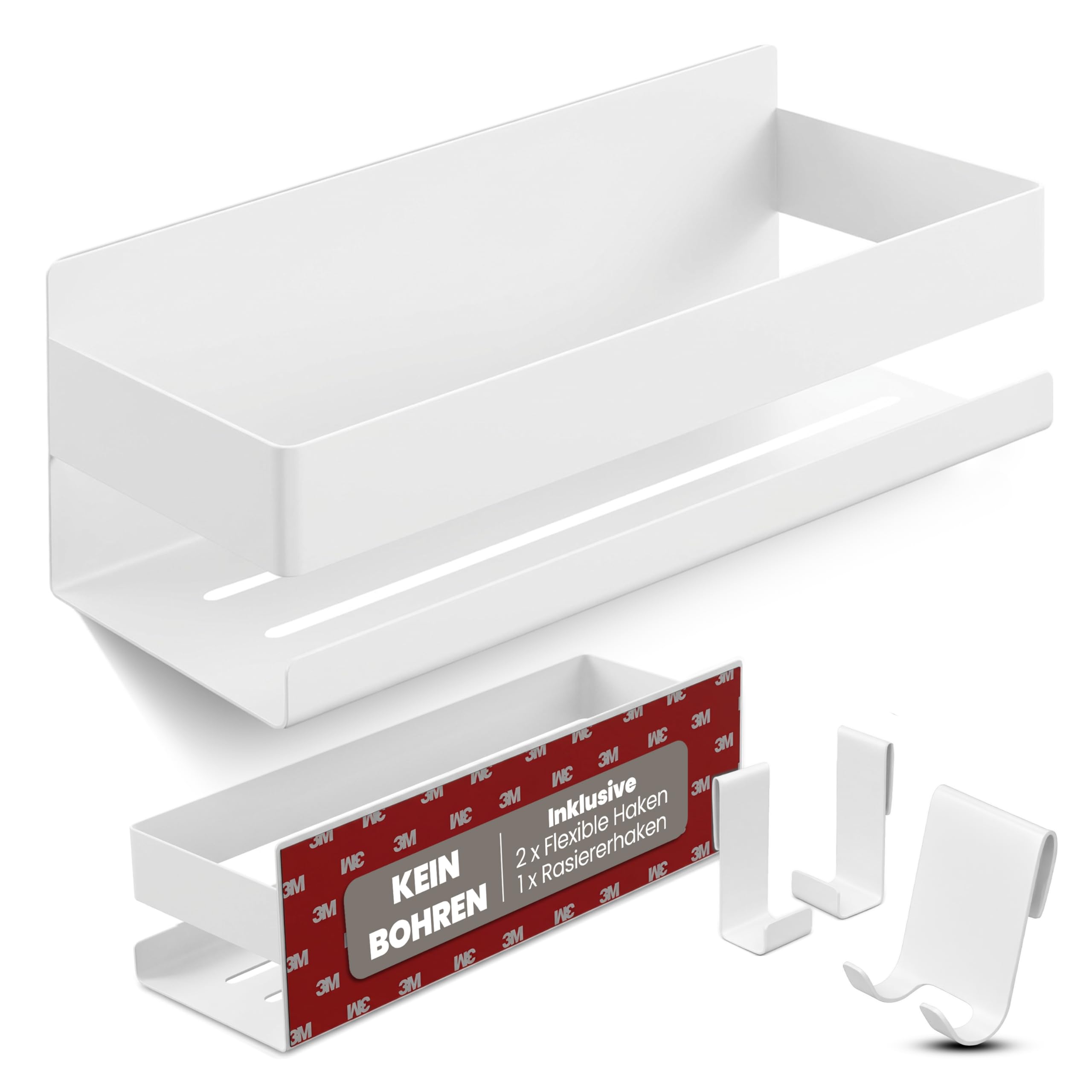 Duschablage Ohne Bohren - Badregal - Duschkorb - Bad Organizer | Massiv - silber gebürstet - 22 cm x 9 cm - 2 Klebevarianten für Nass- und Trockenbereich