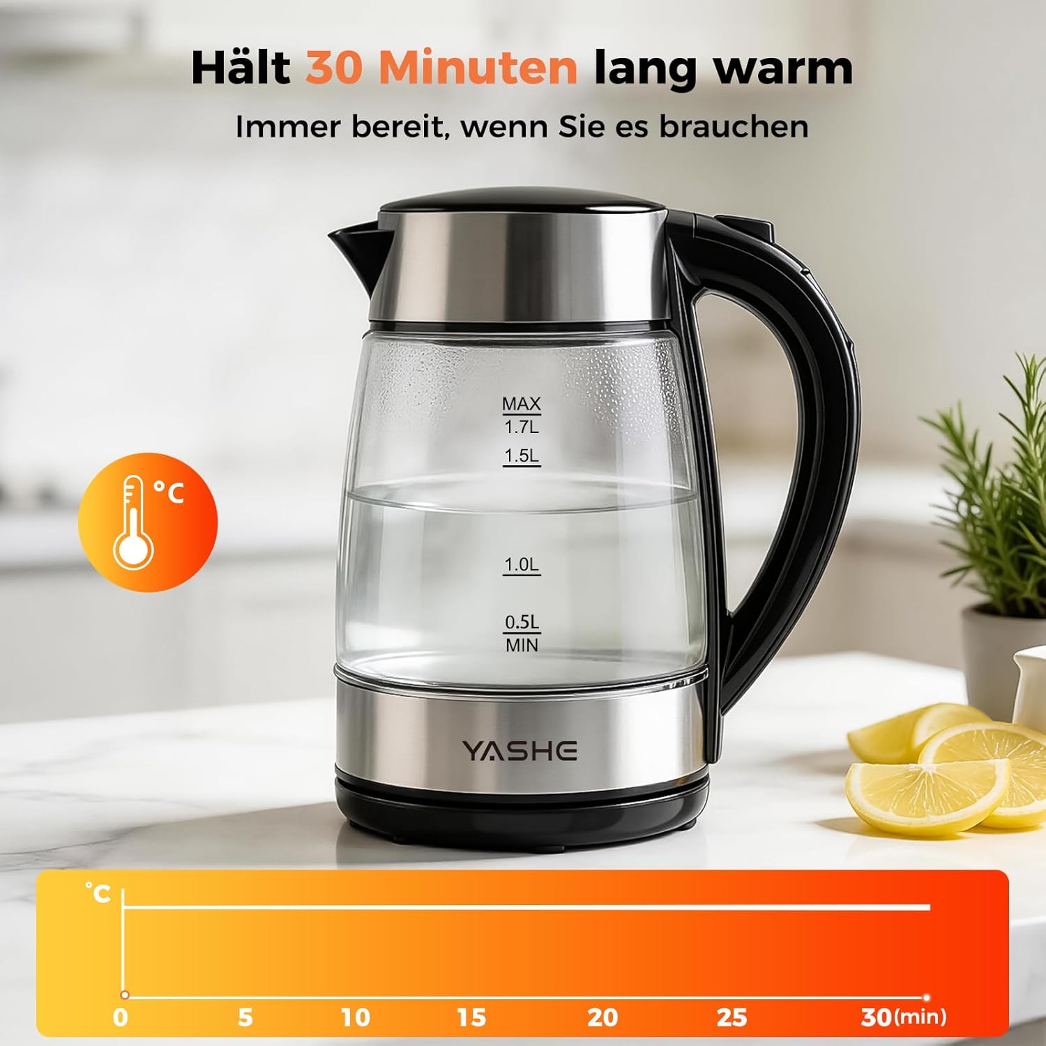 Wasserkocher mit Temperatureinstellung 1,7L 2200W Glas | 5 Temperaturstufen, 5 Farben LED, 30 Min Warmhaltefunktion, Kabellos, Kalkfilter, Abschaltautomatik