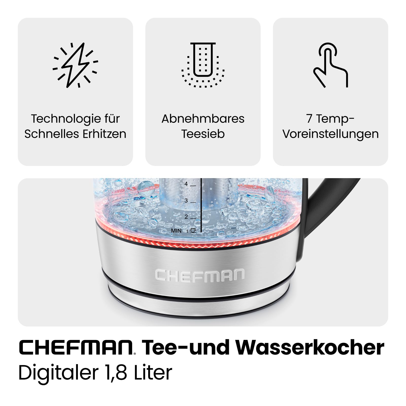 Elektrischer Wasserkocher Glas mit Teesieb, 1.8 Liter, LED-Anzeige / BPA-Frei, 2200 Watt, Edelstahl
