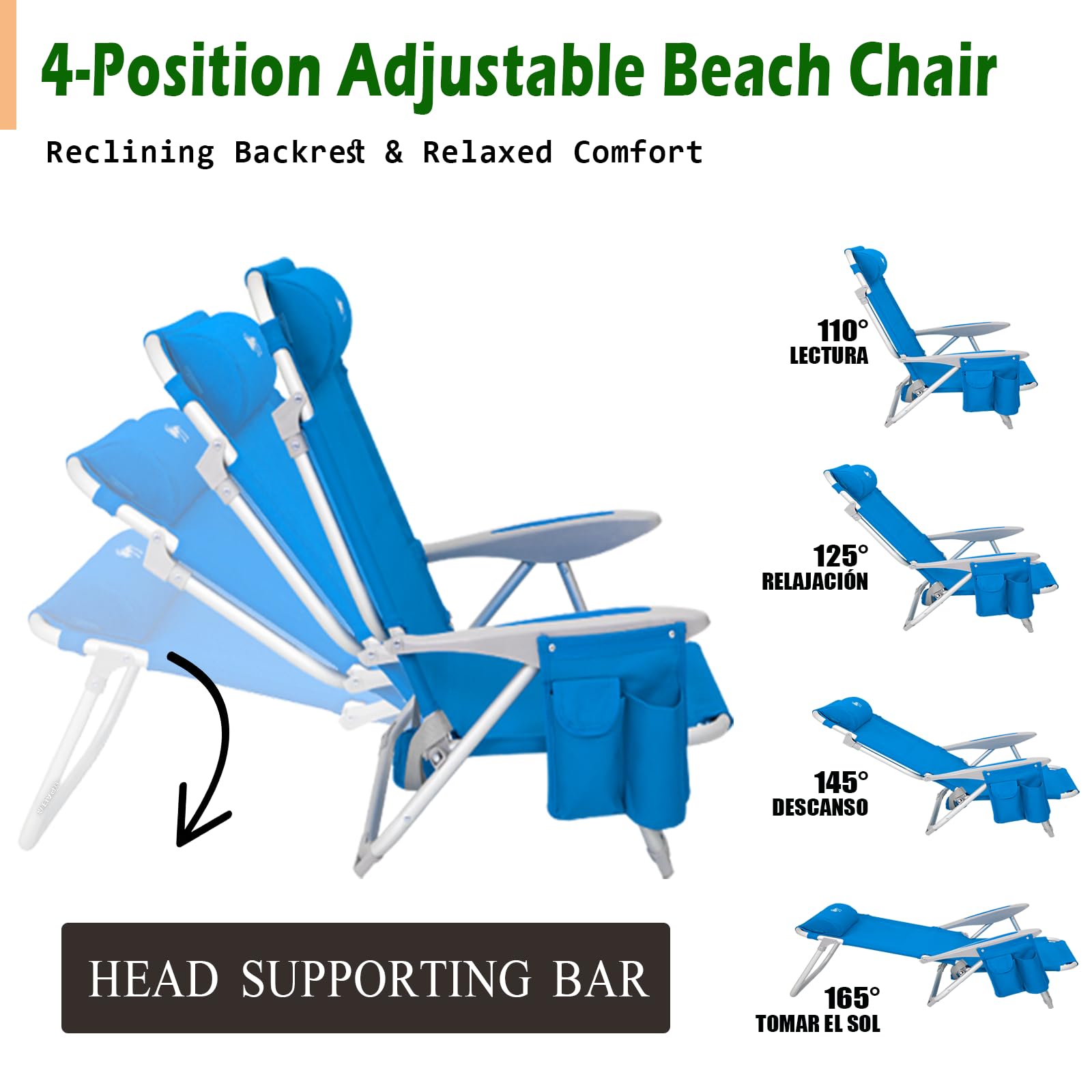 Strandstuhl klappbar Alu Hochlehner Klappstuhl 4 Position Leicht tragbar stabiler Campingstuhl