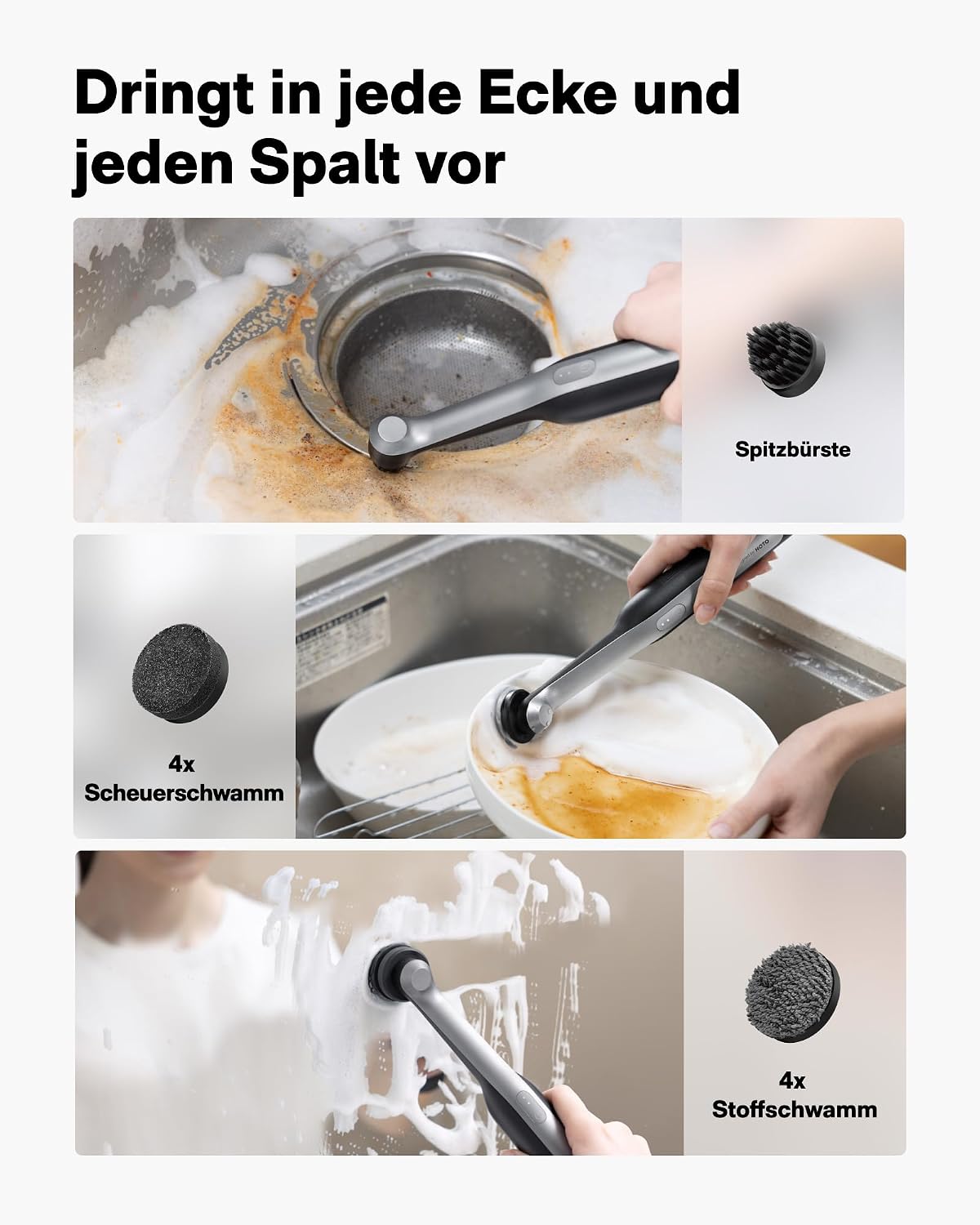 Elektrische Reinigungsbürste Wand, USB-C Kabellose Fugenbürste, IPX7 | 12 Reinigungsköpfen, Bad Putzbürste Elektrisch für Fugen, Ecken, Fußboden, Fliesen, Küche, 3D Druck Reinigung, Bad