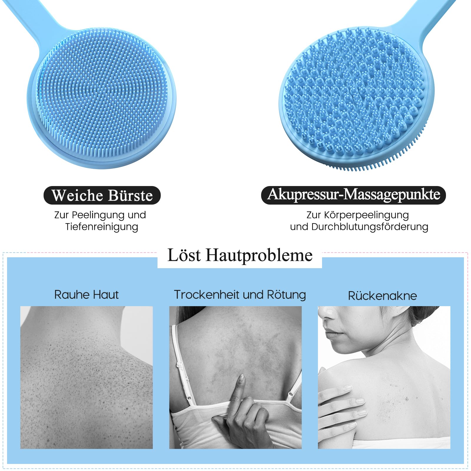 Silikon Rückenschrubber für Die Dusche, Silikon Körperschrubber mit Langem Griff, Rückenschrubber, Abgestorbene Haut entfernen und Massage