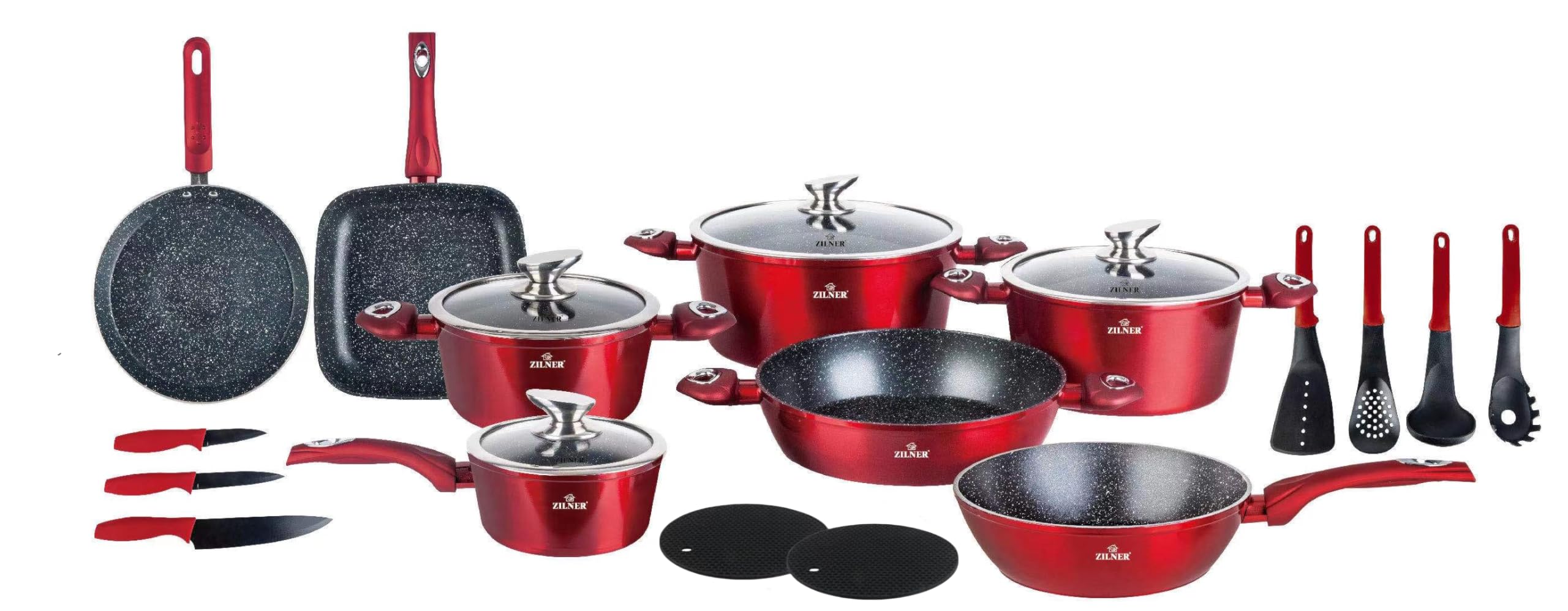 Ensemble de casseroles et poêles - Batterie de cuisine 21 pièces - revêtement en marbre - avec couvercles en verre / Vente de liquidation - NEUF ET SCELLÉ !