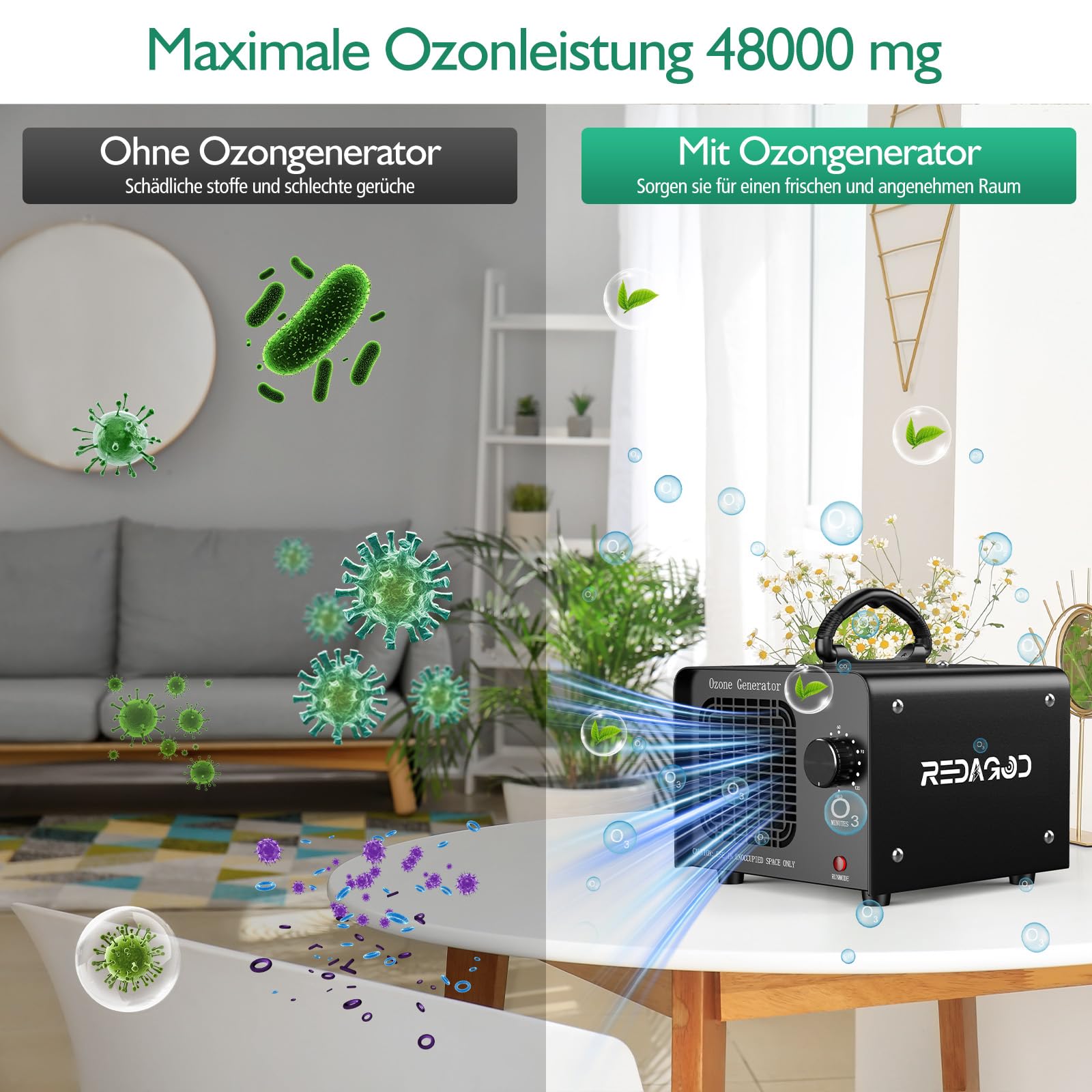 Ozongenerator 48000 mg/h Ozongerät, Redagod Ozoniser Industrie mit 120 Min Timer O3 Ozon Luftreiniger bis 300 m2 Geruchsneutralisator für Auto Hotel Küche Garage Home Eisen Haustiergerüche