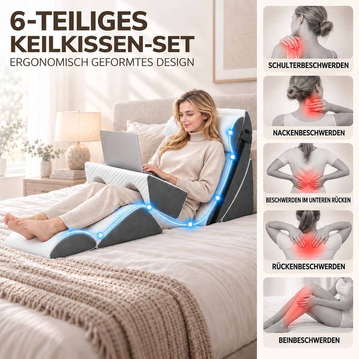 Orthopädisches Keilkissen- 6pcs Verstellbares Lesekissen - Rücken Nacken Beine