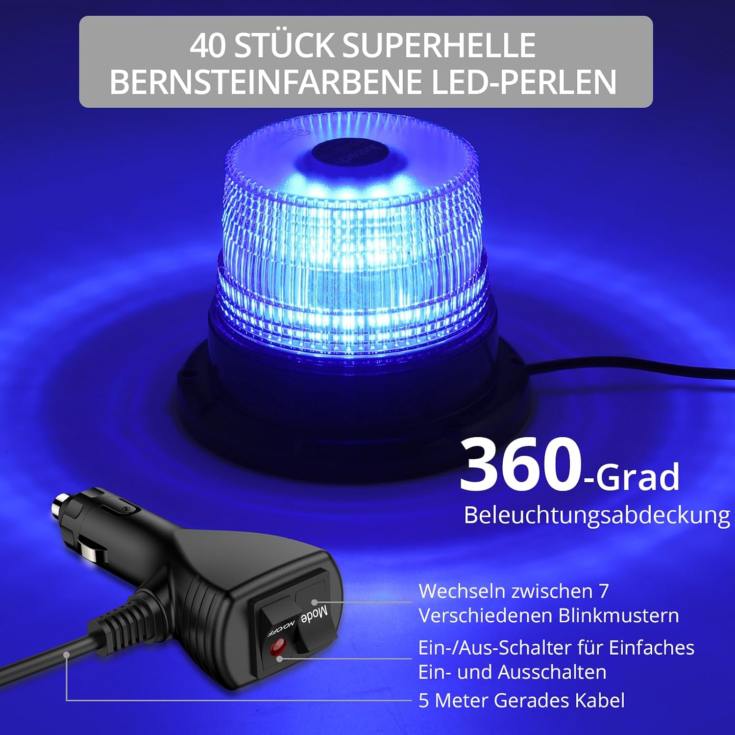 Warnleuchte Rundumleuchte 360° Gelb Blitzleuchte 7 modus mit 5m Netzkabel Doppelter Schraube 12V / 24V Warnlicht mit Magnetfuß Notfallblinklampe Magnet Transparent für Auto LKW usw