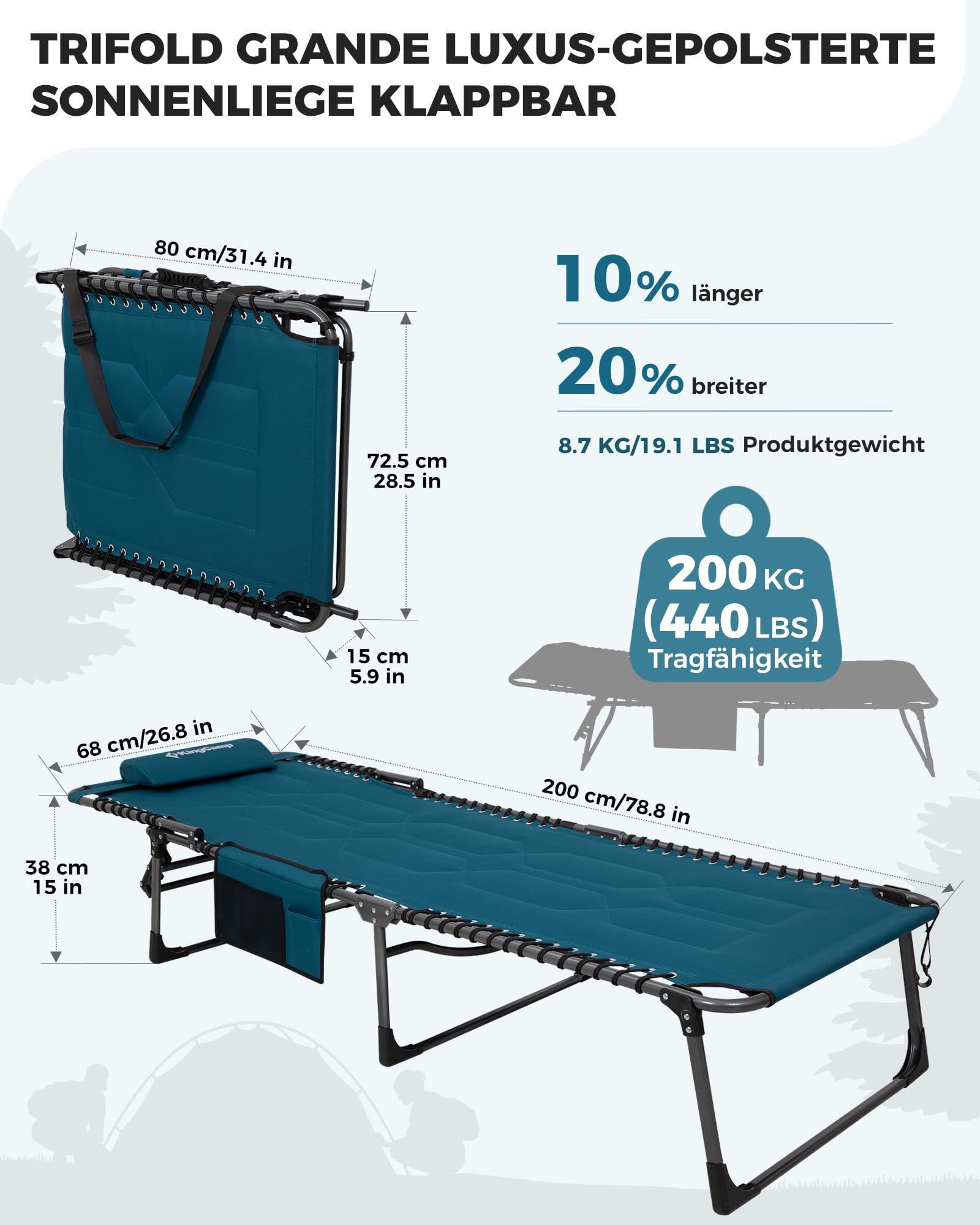 Sonnenliege Klappbar 5-Verstellbare, bis 180 kg, 2er Set, Blau | Gartenliege Klappbar, mit Kopfstütze & Seitentasche, Sonnenliege Wetterfest, Strandliege für Garten Terrasse Pool Camping