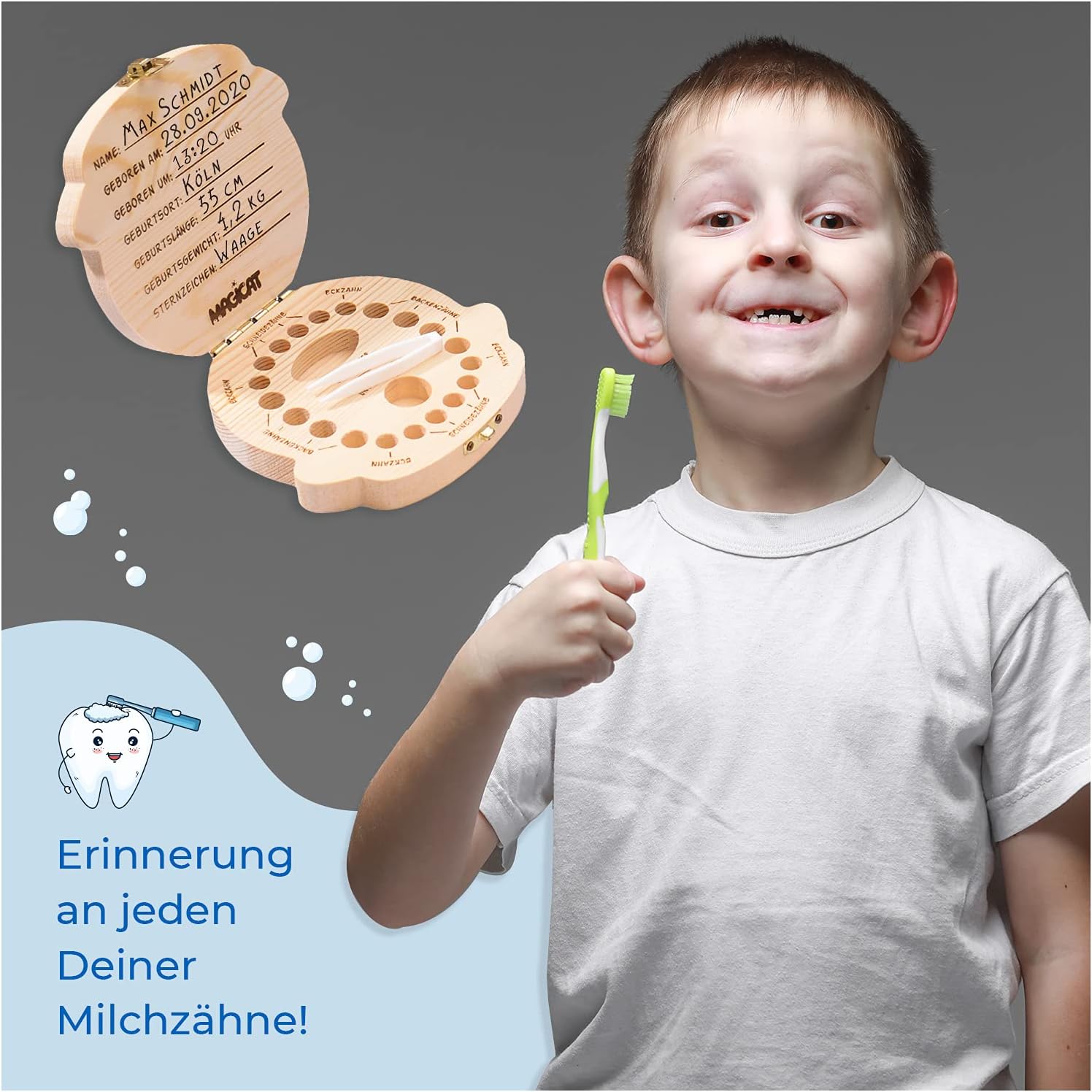 Milchzahndose Jungen, Zahndose aus Holz, Dose zur Aufbewahrung von Milchzähnen, Baby Milchzähne Box als Geschenk zum Geburtstag oder Taufe, inkl. Pinzette und Zahnfee Geschichte