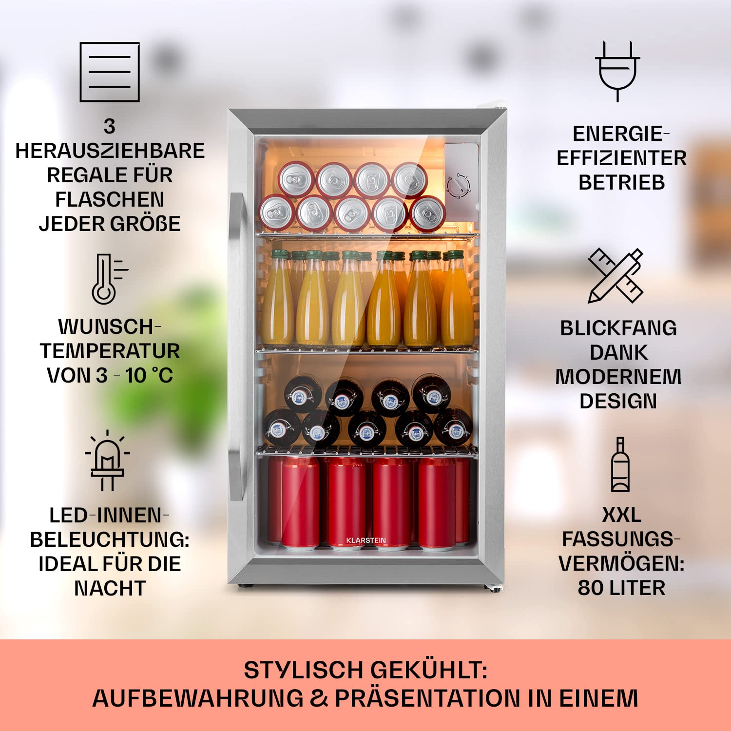 Beersafe Getränkekühlschrank 60 L – Mini Kühlschrank mit Glastür, Kupfer | LED-Beleuchtung, herausnehmbare Metallablagen, leise, Flaschenkühlschrank für Getränke & Dosen