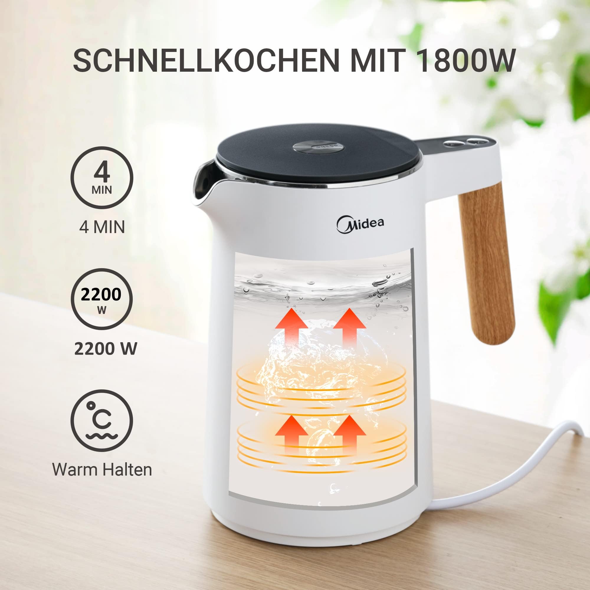 Edelstahl-Kessel mit Temperatureinstellung, 45°C - 100°C, 1,5 Liter, 2200 W Wasserkocher weiß, Teebereiter mit Temperaturanzeige und Sicherheitsfunktionen, BPA-frei, Doppelwanddesign