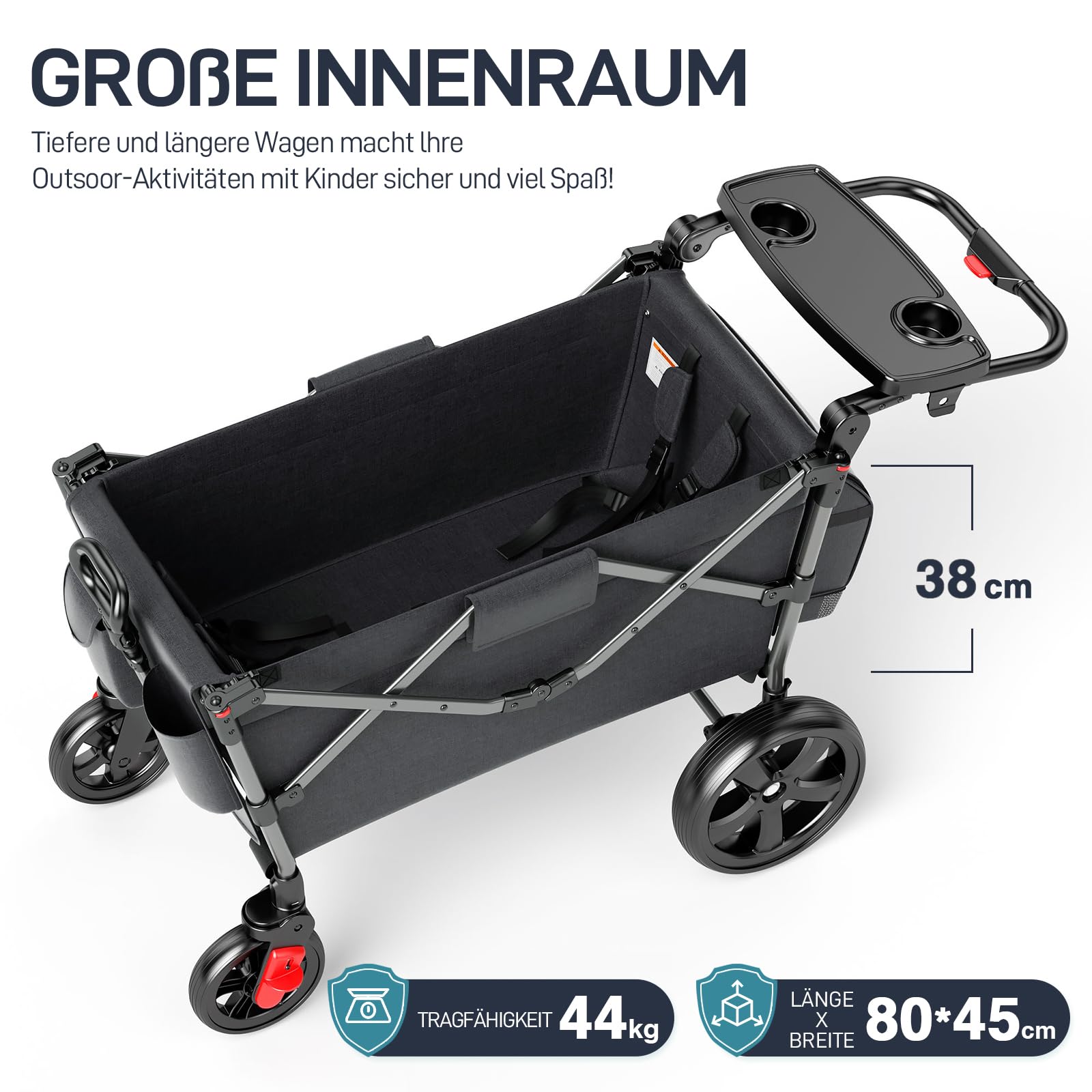 Bollerwagen für 2 Kinder Faltbar mit Dach, Kinderwagen 2x5 Punkt Sicherheitsgurt mit Wickelrucksack, Bollerwagen mit Sitz, Handwagen Transportwagen, Ziehen & Schieben, Fußbremse