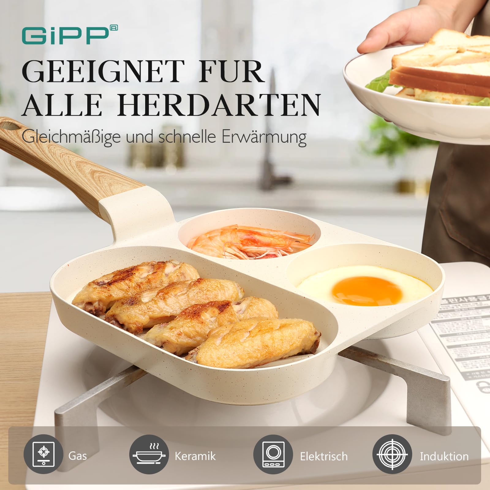 Spiegeleipfanne, 3-Loch Omlettenpfanne, Granit-Antihaftbeschichtung, PFOS/PFOA-Frei Eierpfanne für Gebratenes Frühstück/Eier/Wurst/Speck, Weiß