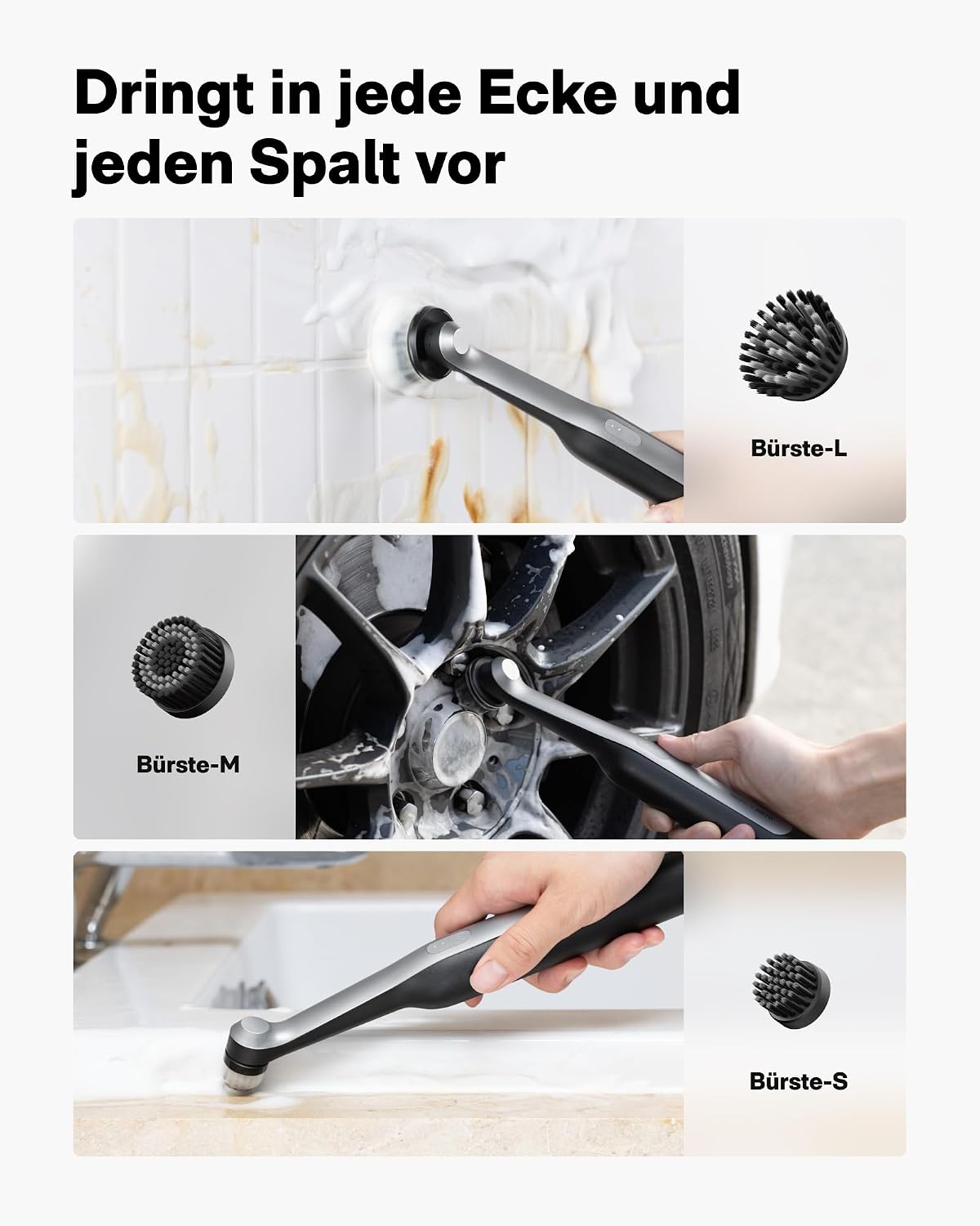 Elektrische Reinigungsbürste Wand, USB-C Kabellose Fugenbürste, IPX7 | 12 Reinigungsköpfen, Bad Putzbürste Elektrisch für Fugen, Ecken, Fußboden, Fliesen, Küche, 3D Druck Reinigung, Bad