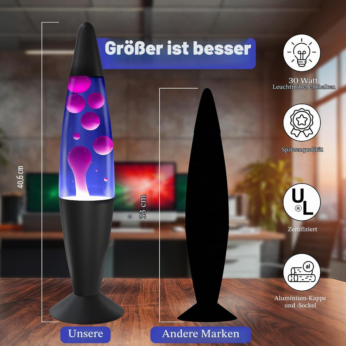 Jambo Liquid-Motion-Lampe mit schwarzem Sockel (Black Base, Purple Liquid, White Wax, 16")